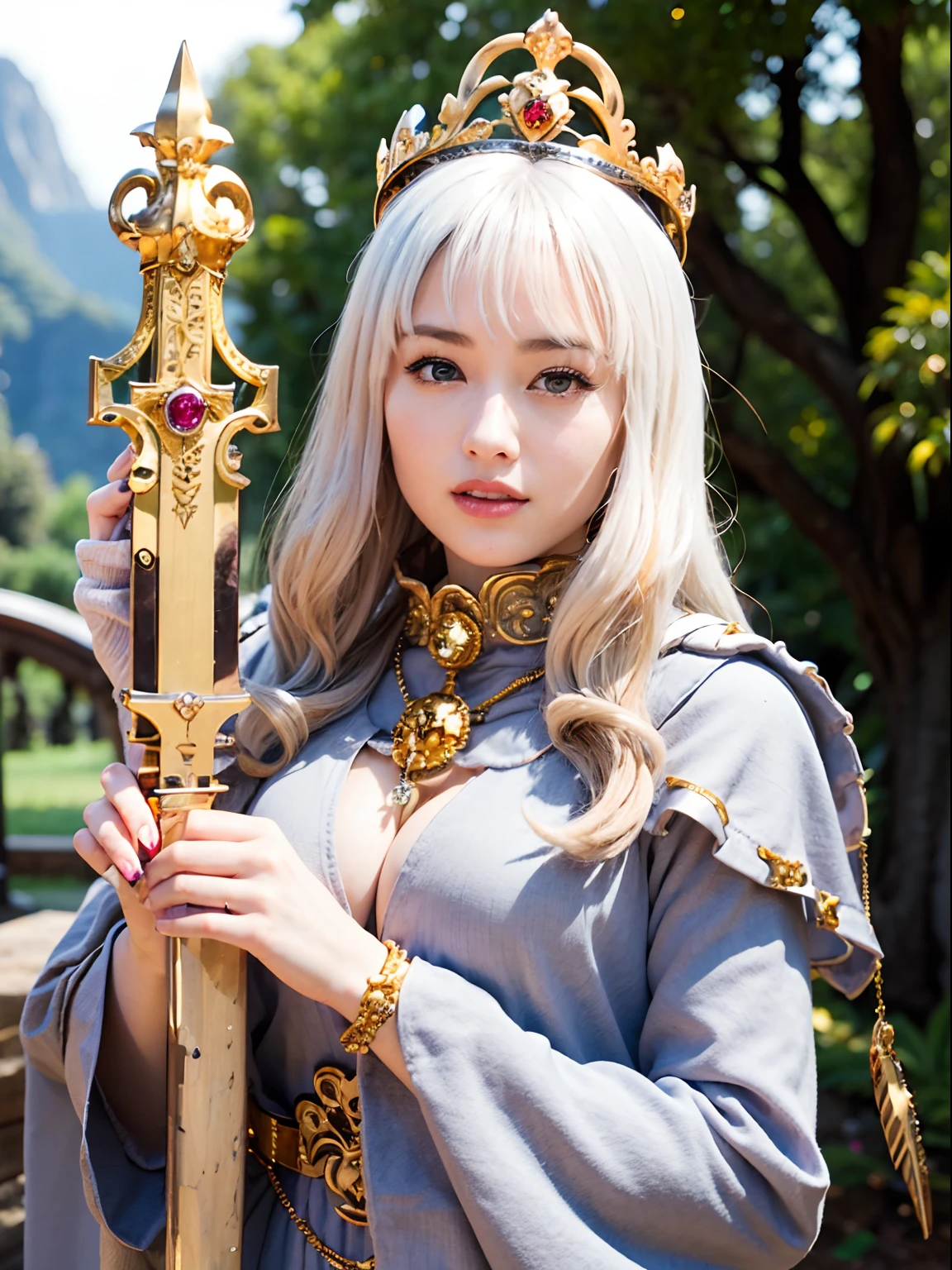 (masutepiece), Professional , masterpiece、top-quality、photos realistic , depth of fields (Gemstone Silver Metal Body:1.9),(Matte White、Jewel Gold Weapon(Jewel Metal Body:1.4),Gorgeous metal weapons , Detailed Sword of the Brave , Beautiful knife ,warhammer 40k , adepta sororitas,Detail and ornate jewel crown、Black hair、Gangle's forest background、Beautiful Caucasian beauty、1a person、dynamic ungle,(((Detailed and ornate diamond crown)))、Smaller head、A smile、Take a sexy pose、Background inside the castle、Thin and beautiful female hands、