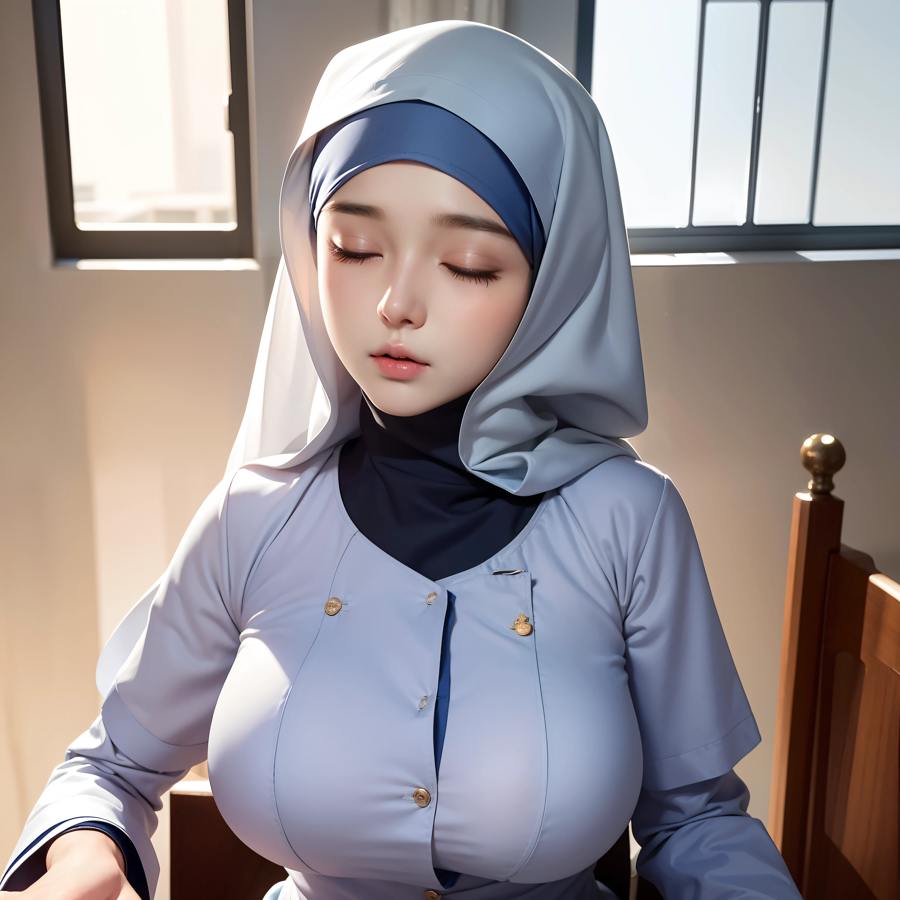 Pretty girl with angelic face as a nurse and hijab sleeping on chair, ((hijab)), (nurse uniform), exhausted, sweat, oppai, stunning photoshot, gravure pose, closed eyes, sfw very big breasts, korean model, beautifull korean girl, breast proportion, body proportions, masterpiece, realistic, 8k,