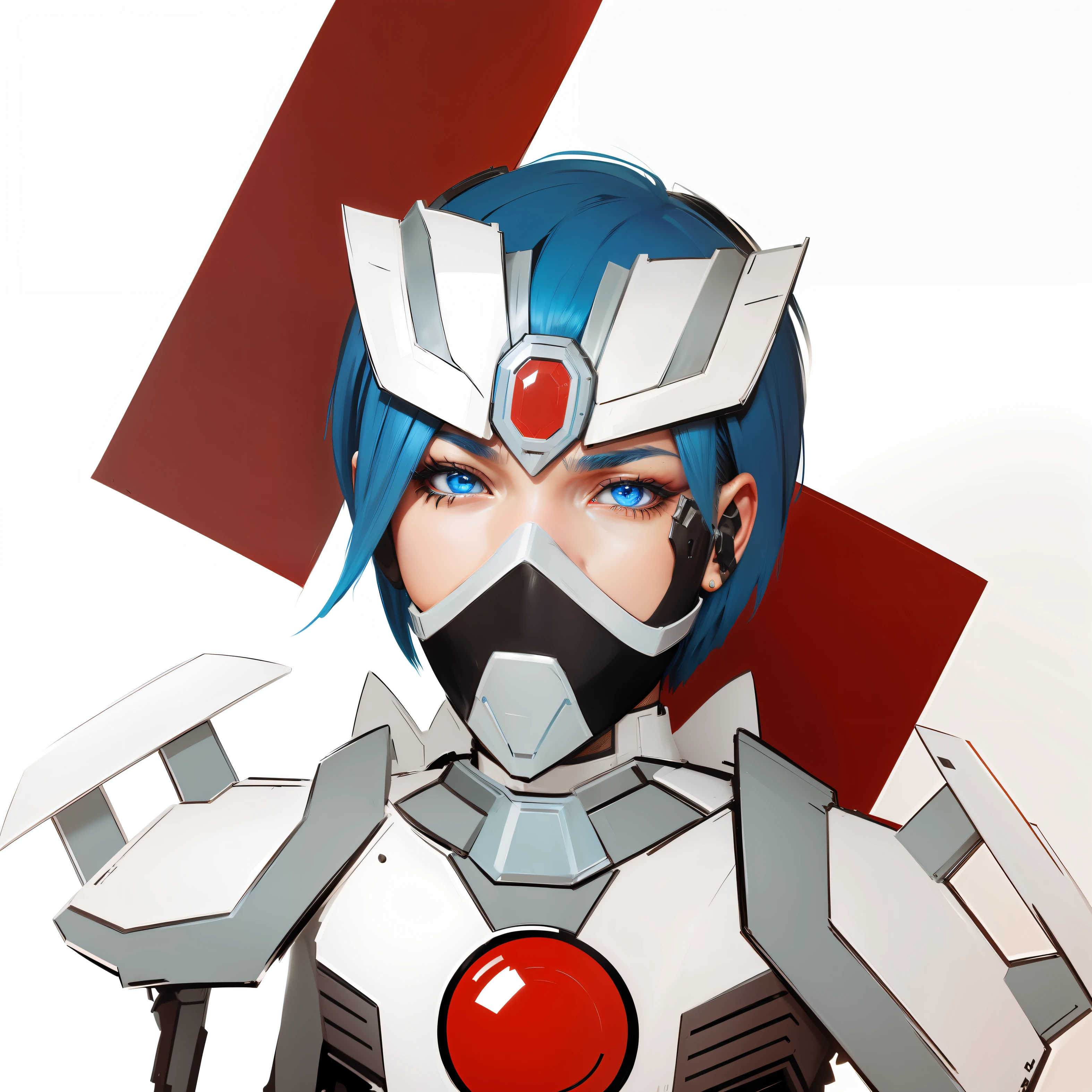 cyborg people,Facial armor,Metal armor,metal headdress,merciless,male people,blue hair,short detailed hair