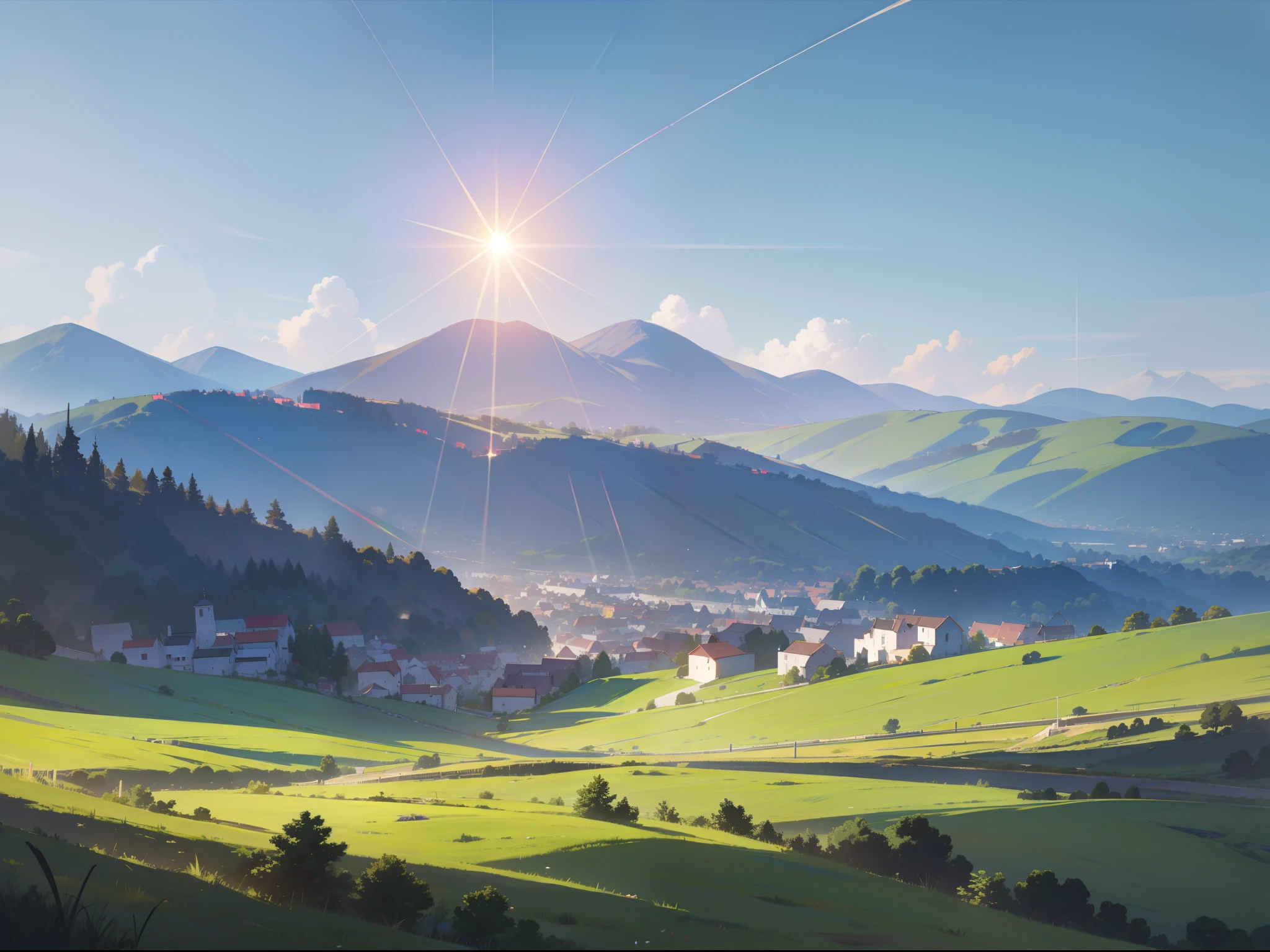 Terraces, ray tracing, mountains and villages in the distance, sunlight reflection, 4K