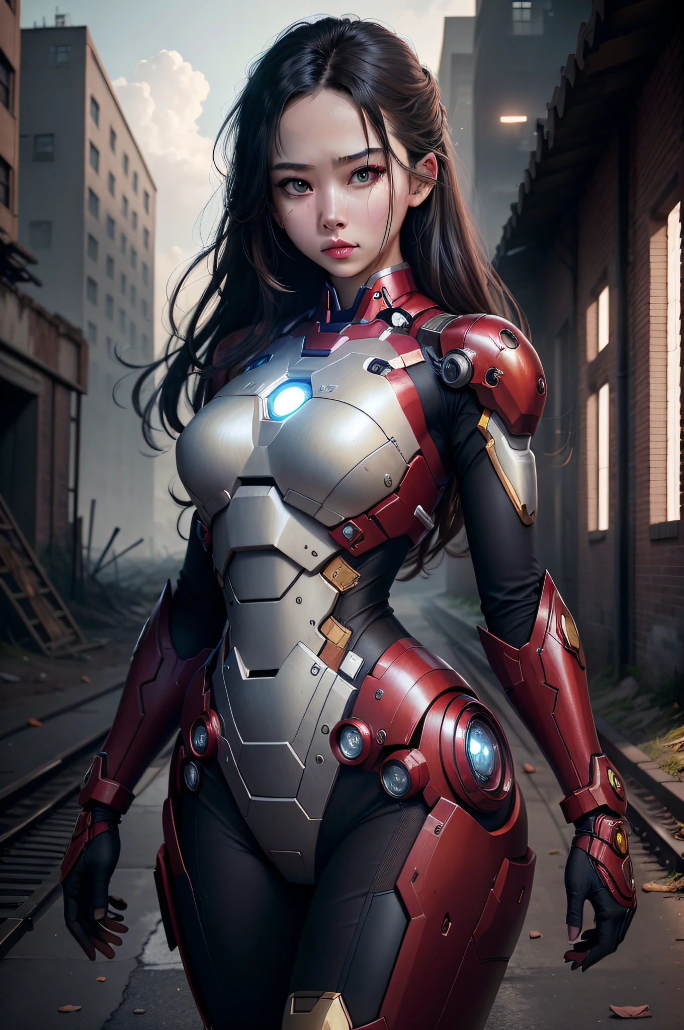 8K，realisticlying，Glamorous，The is very detailed，A 20-year-old girl, a sexy and charming woman, inspired by Iron Man，Put on the shiny slimming Iron Man mech。She dresses to show sexiness and confidence，It perfectly interprets the power and charm of Iron Man。Abandoned warehouse as background，It creates a unique atmosphere，Highlight her bravery and perseverance。The cloudy sky adds a touch of tension and mystery to the entire scene。This one is high definition、High-quality images will give you a stunning visual experience，Detailed abandoned warehouses and shiny mechs will keep your eyes peeled。oc rendered，dramatic lights，Award-winning quality