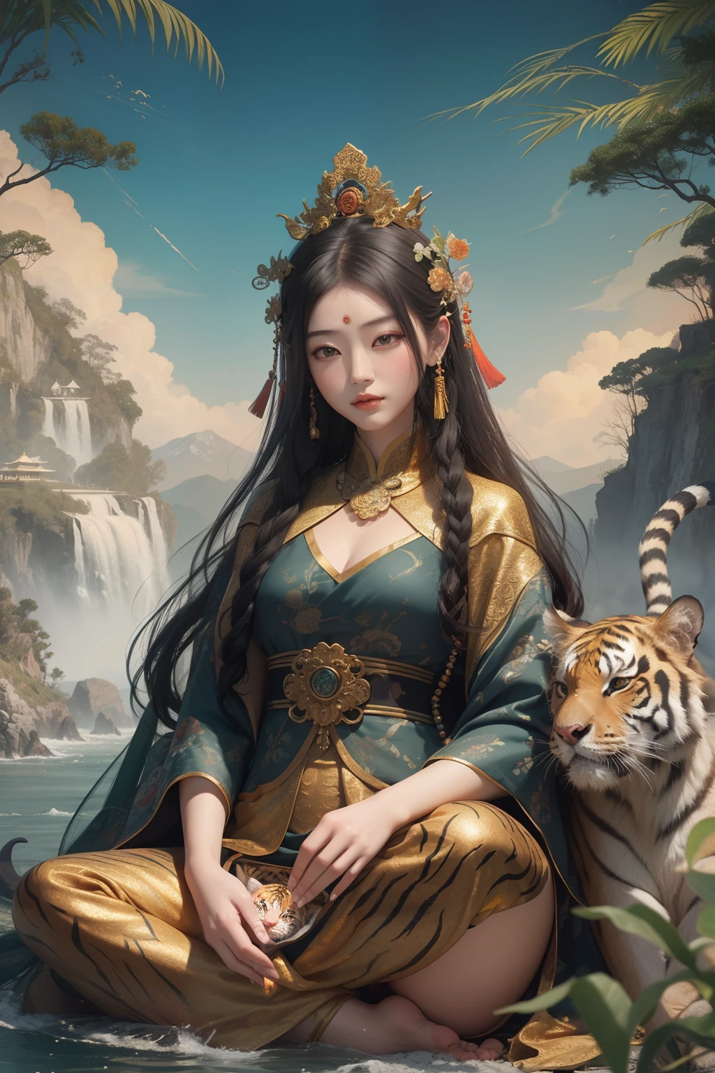 an ancient Chinese goddess, guanyin of the southern seas, Guanyin, Inspired by China, Avalokiteshvara rides a tiger,,Serene expression,shui mo hua,Buddha,Buddhist,Lotus,Chinese painting style,Thangka style