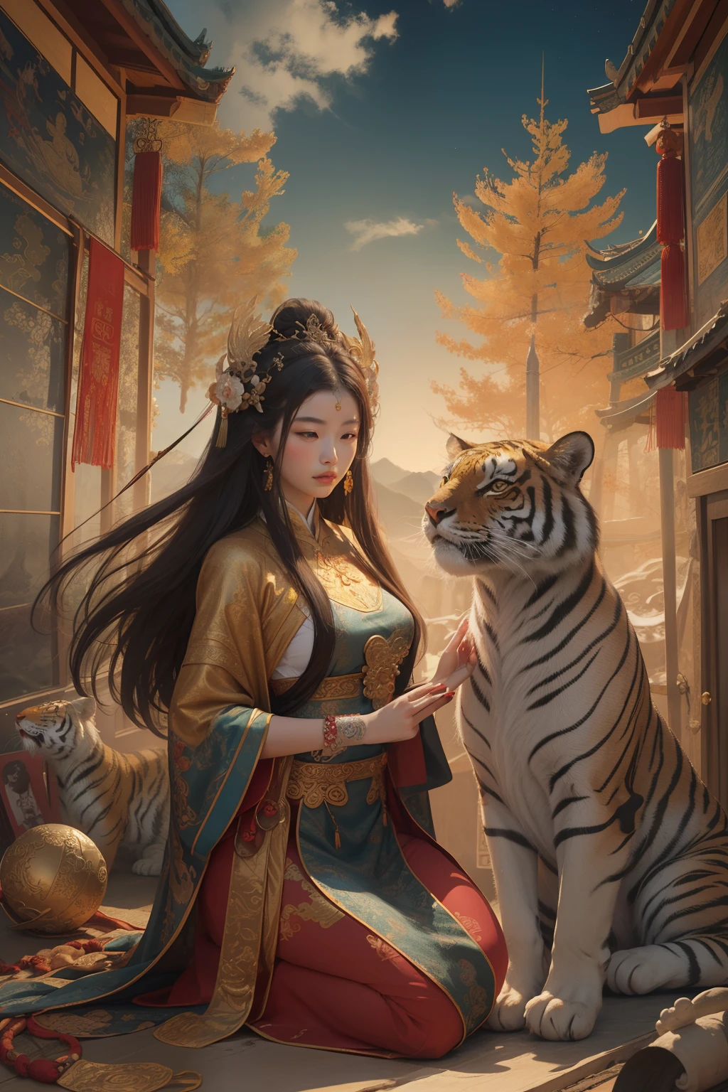 an ancient Chinese goddess, guanyin of the southern seas, Guanyin, Inspired by China, Avalokiteshvara rides a tiger,,Serene expression,shui mo hua,Buddha,Buddhist,Lotus,Chinese painting style,Thangka style