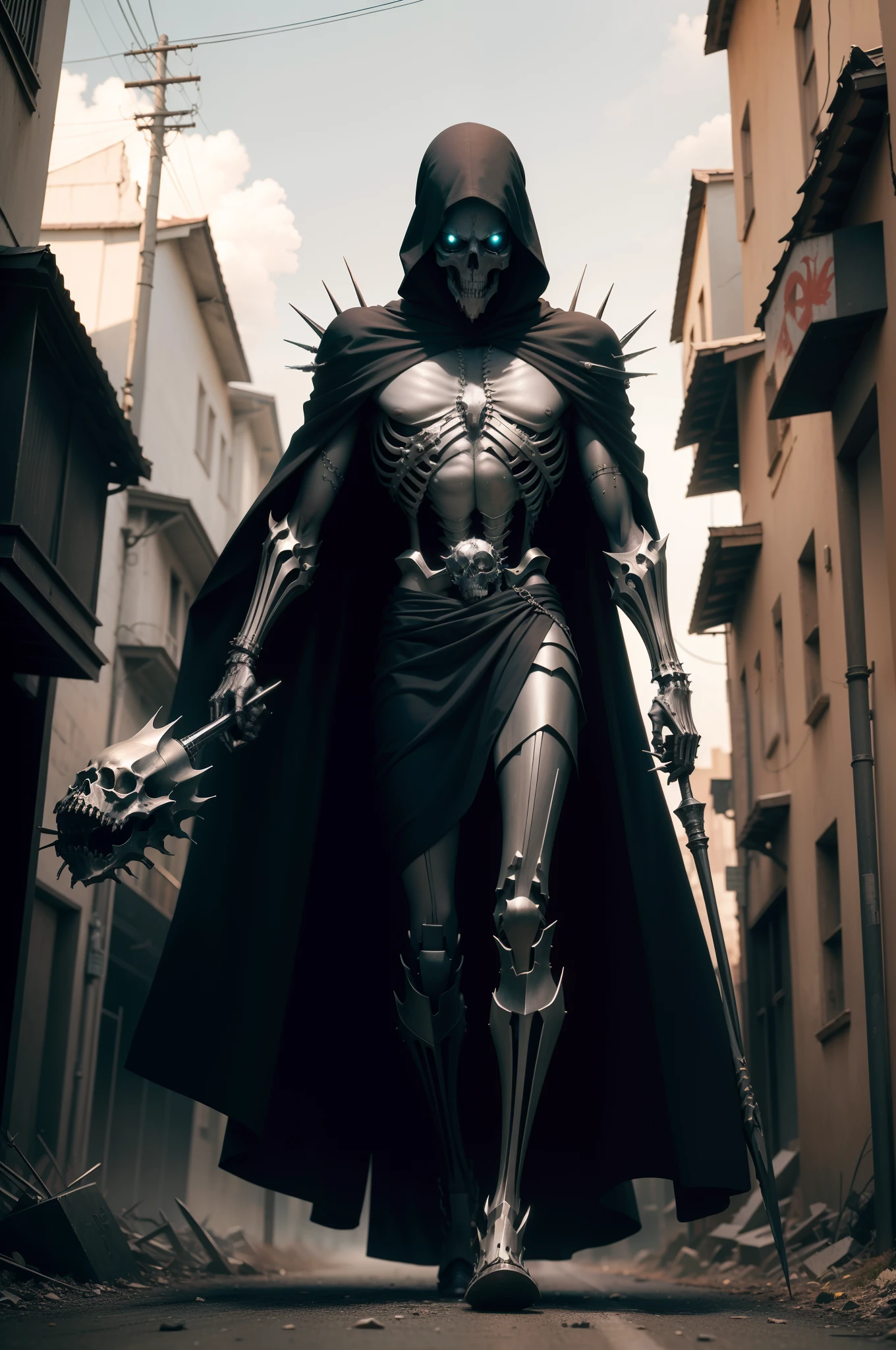 Realistic high definition image. like oleio oleio a skeletal being with a silver, spiky robotic body;, envolto em um longo, capa preta desgastada, carrying a flaming bronze sickle in one hand, caminhando por uma rua no escuro, imagem realista de uma Cidade abandonada,