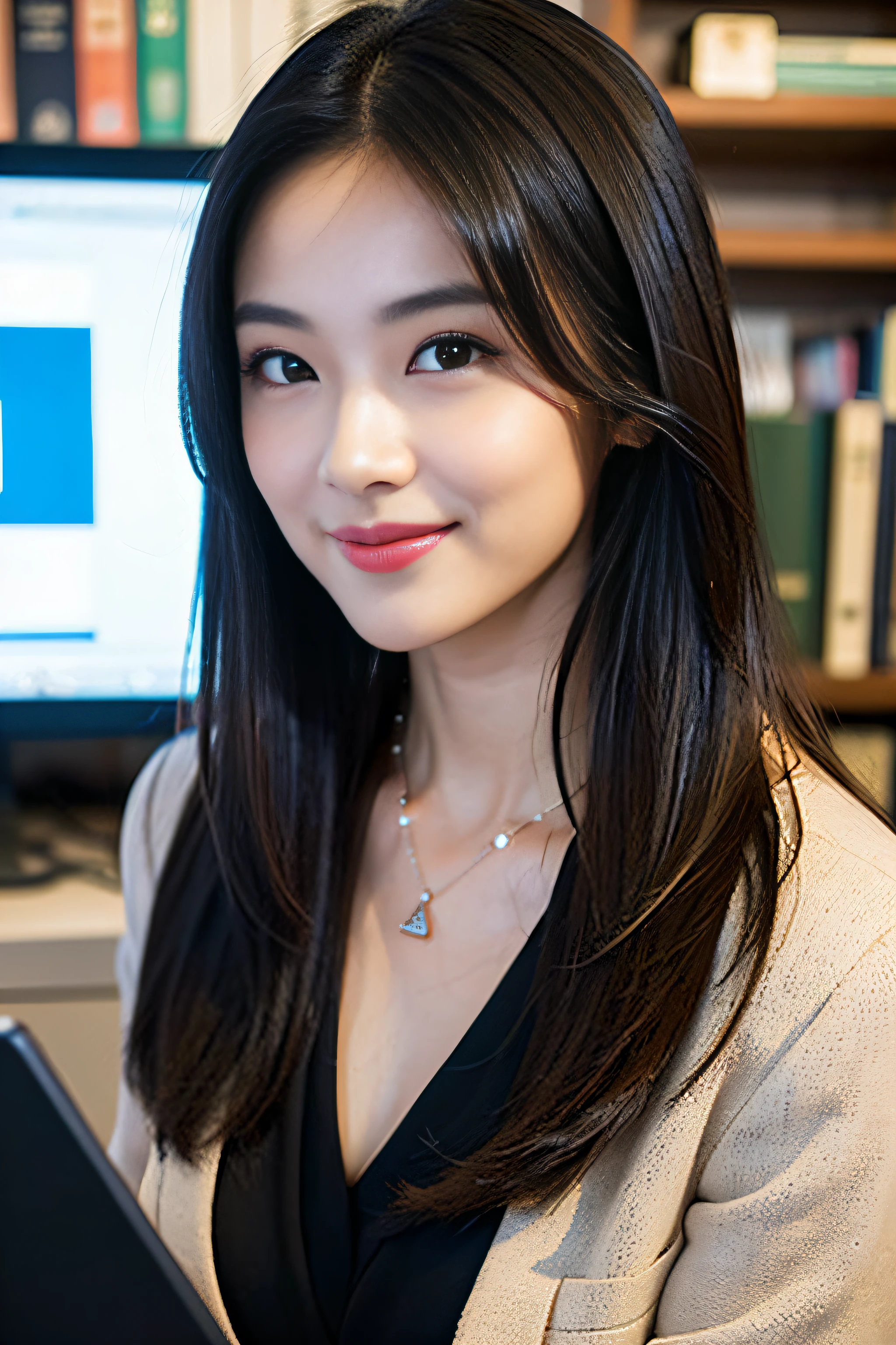 (Masterpiece:1.3)、(8k、Photo Realistic、RAW Photography、top-quality: 1.4)、super definition、anatomically correct、Textured skin、((((1girl、solo))))、（(Shooting for one person only))、beautiful countenance、（realistic face）、Korean model(A dark-haired、Center division、Long:1.3）、Chinese models(A dark-haired、Center division、Long:1.3)、More Korean than Chinese、realistic eyes、real looking skin、Beautiful details、Beautiful skins、A charming smile、super high resolution、（hyper-realistic）、anatomically correct、Textured skin、Sharp jawline、perfect proportions 、（plump bust）、Necklace,,(((suit))),woman using laptop computer at office with books and plant in background,working,in front of a computer,sitting at a computer,at office,sitting in front of computer, sitting at desk at keyboard, people at work,