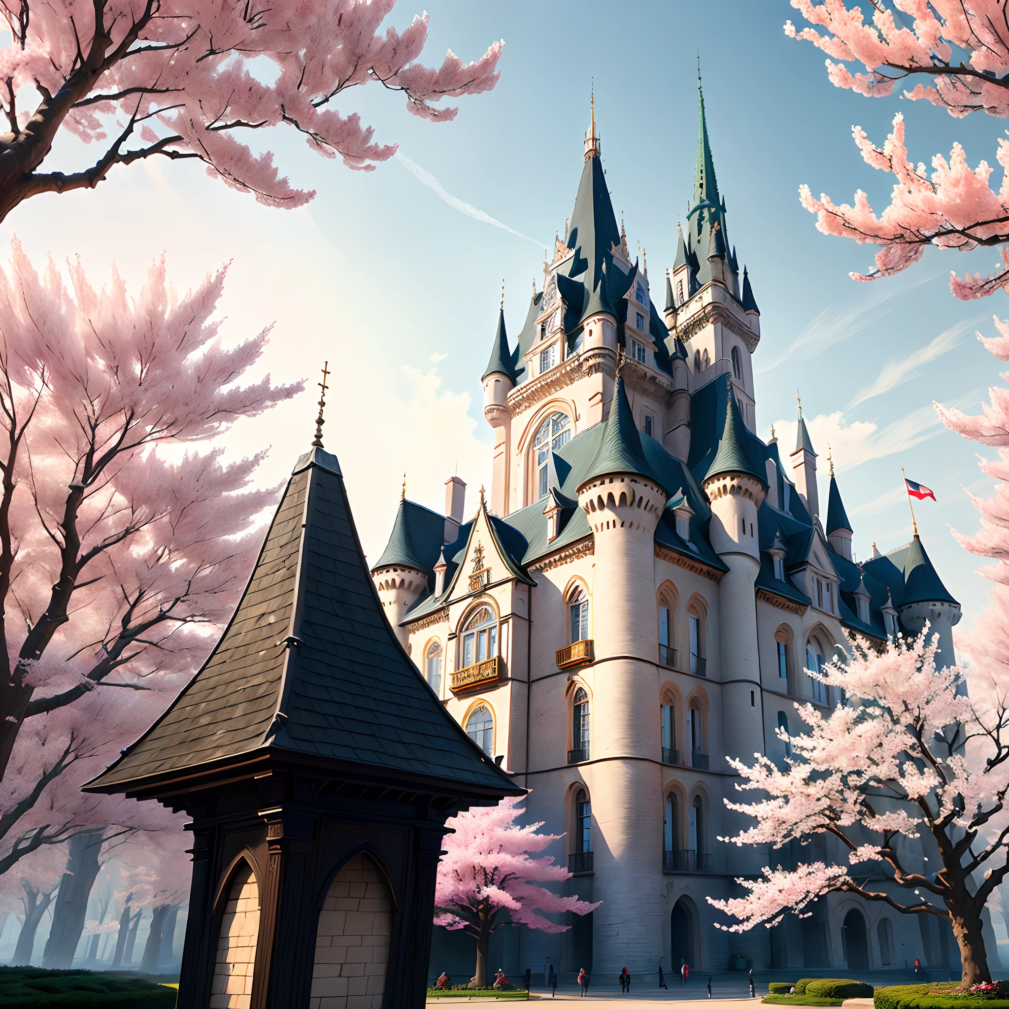 The castle is white, medieval and stretches in all directions, cherry blossoms and white in the dream square