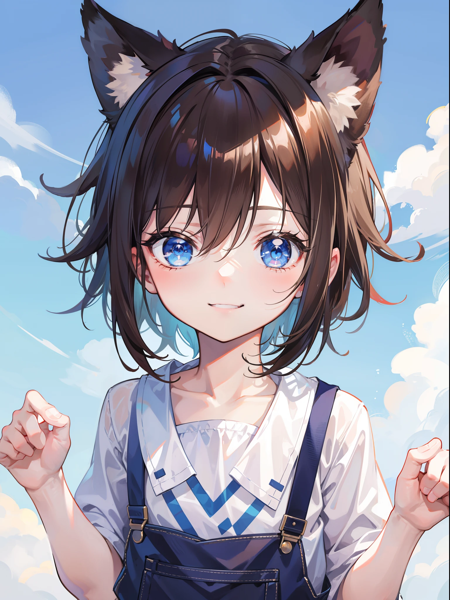 1 little boy，with short brown hair，Sagging dog ears，Blue eyes，whitet-shirt，long eyelasher，Face portrait，adorable smile