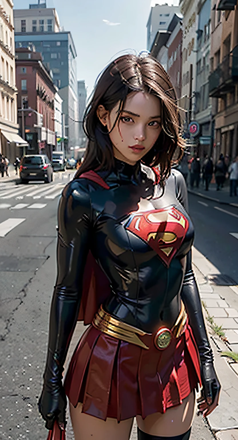 (1girl:1.3), solo, __body-parts__, official art, unified 8k wallpaper, super detailed, beautiful and beautiful, beautiful, masterpiece, best quality, raw, masterpiece, super fine photo, best quality, super high resolution, photorealistic realism, sunlight, full body portrait, amazing beauty, dynamic pose, delicate face, vibrant eyes, (seen from the front), she wears a full body superman suit, full suit, (red short skirt), blue-black top, Red cape, Superman, a capital letter on chest, very detailed abandoned warehouse background, detailed face, detailed complex busy background, messy, gorgeous, milky white, highly detailed skin, realistic skin details, visible pores, sharp focus, volumetric fog, 8k uhd, DSLR, high quality, film grain, fair skin, photo realism, lomography, huge metropolis in future dystopia,
