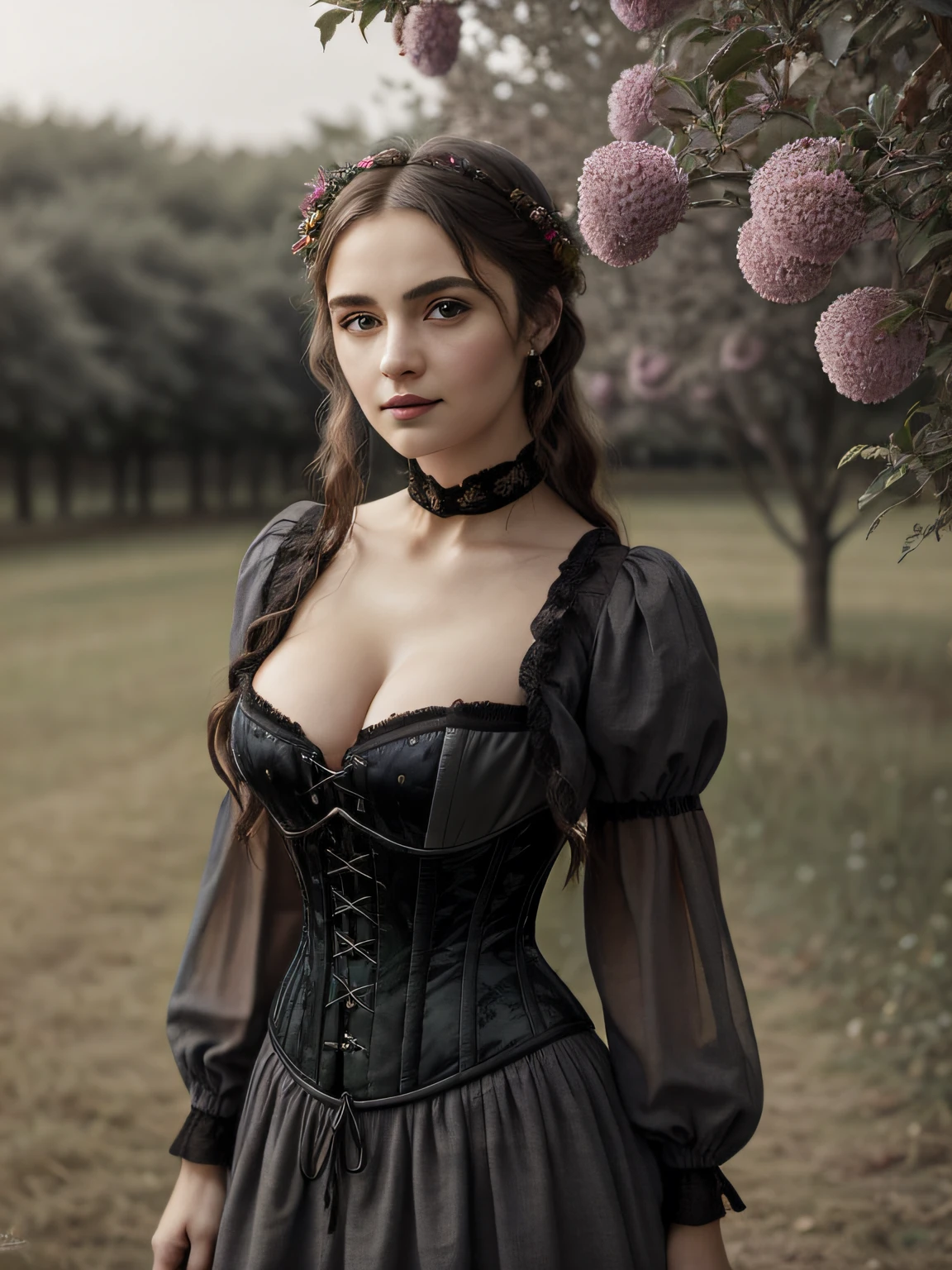 (Twenty year old) european woman, standing, wearing a (flowing Victorian peasant dress with dark grey under bust corset:1.2), dress open at top with breasts exposed, long legs, dreamy photo, looking straight at camera, slight smile, full lips, beautif orchard scene, Apple trees, Victorian gothic, misty, Canon, (Detailed features::1.2), real life. highly detailed, (extremely detailed CG unity 8k wallpaper), small breasts (well defined small breasts), long flowing hair(detailed anatomy) full shot body image, Intricate, High Detail, Sharp focus, dramatic, vibrant, warm colours, digital painting, intense, modelshoot style, pale skin, cinematic photorealistic, erotic, gothic