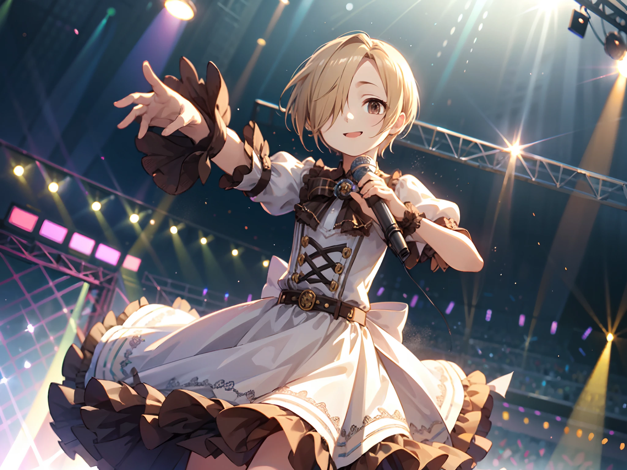 (masterpiece:1.3), (high-resolution, RAW,realistic:1.2), (best quality:1.2), (soft light:1.0) BREAK
shirasaka koume, (1girl, solo),
smile, short hair, blonde hair,
bow, brown eyes, short sleeves, hair bow, puffy sleeves, belt, hair over one eye, puffy short sleeves, wrist cuffs, plaid, 
(on the stage, (holding microphone:1.3), sing),
highest quality, realistic lighting, light particles, intricate (high detail:1.3), masterpiece,