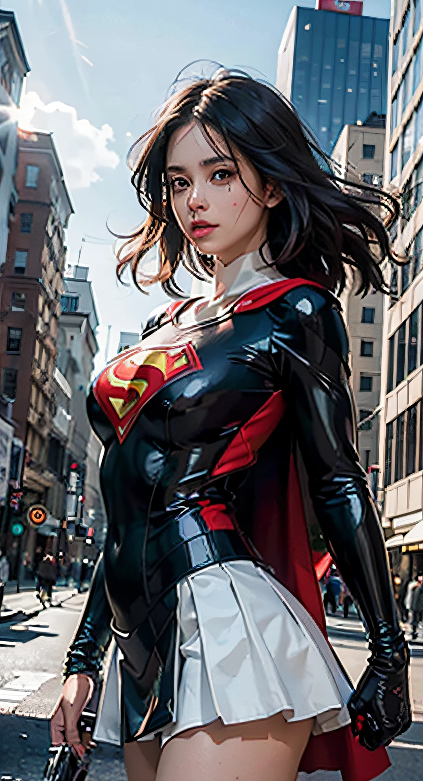 (1girl:1.3), solo, __body-parts__, official art, unified 8k wallpaper, super detailed, beautiful and beautiful, beautiful, masterpiece, best quality, raw, masterpiece, super fine photo, best quality, super high resolution, photorealistic realism, sunlight, full body portrait, amazing beauty, dynamic pose, delicate face, vibrant eyes, (seen from the front), she wears a full body superman suit, full suit, (red short skirt), blue-black top, Red cape, Superman, a capital letter on chest, very detailed abandoned warehouse background, detailed face, detailed complex busy background, messy, gorgeous, milky white, highly detailed skin, realistic skin details, visible pores, sharp focus, volumetric fog, 8k uhd, DSLR, high quality, film grain, fair skin, photo realism, lomography, huge metropolis in future dystopia,