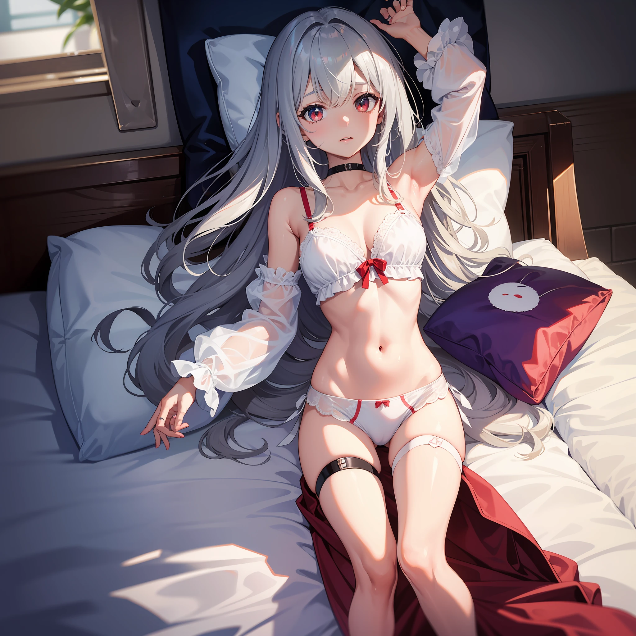robot
Super score
2023/07/16 15:14:08
Silver-haired red-eyed li barefoot lying on bed,Show the whole body,Wear leaky belly button pajamas and miniskirts,,She lifted her pajamas with one hand,Expose the bra,Lift your nightdress with one hand,The reveal panties,She looked shy,high high quality,ultra - detailed