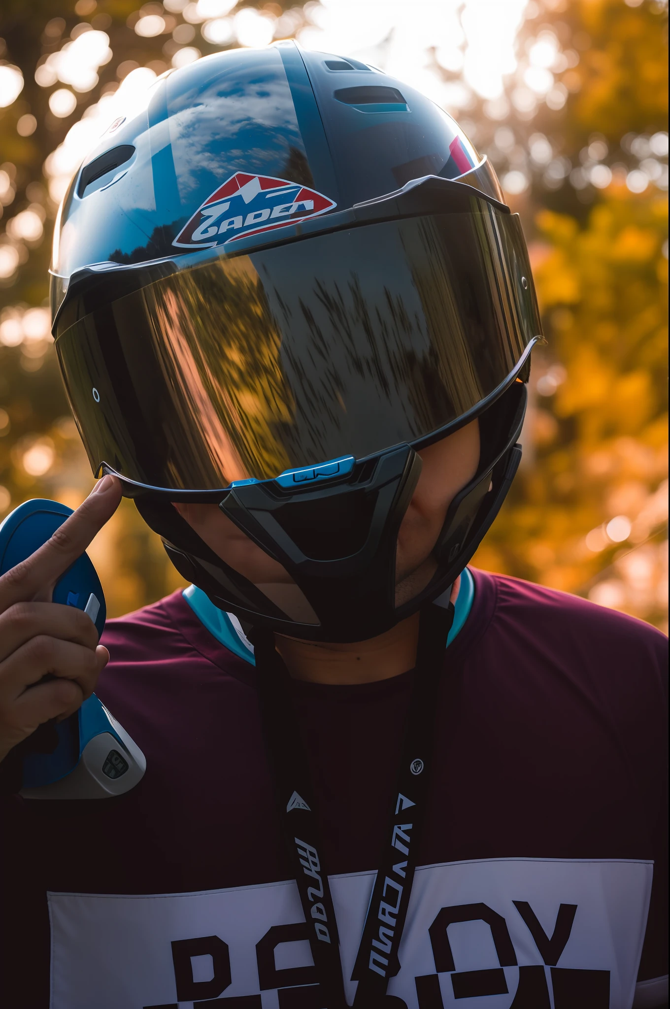 arafed man wearing a helmet and holding a cell phone, reflection on helmet, galaxy reflected in helmet, helmet on face, holding helmet, reflection of phone in visor, wearing helmet, wearing a round helmet, dark visor covering face, dark visor covering top of face, wearing a helmet, visor over face, point of view of visor wearer, wearing skate helmet