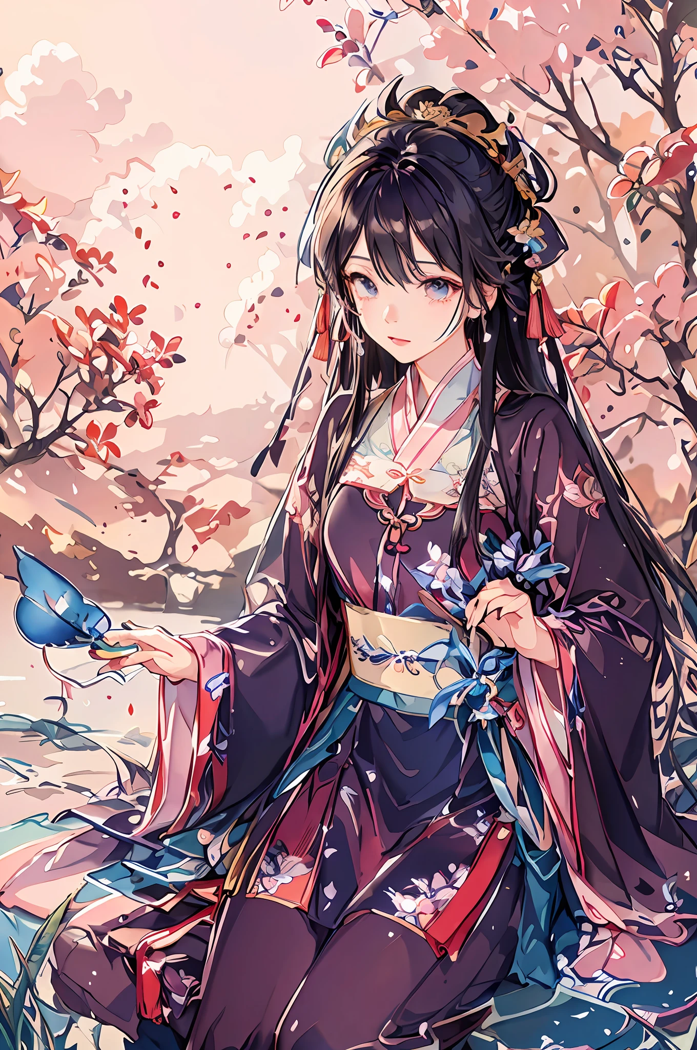 Anime girl sitting on a stone by the pond with a bird, Palace ， A girl in Hanfu, by Yang J, a beautiful anime portrait, Digital anime illustration, Detailed digital anime art, Guviz-style artwork, Beautiful character painting, Guviz, inspired by Ma Yuanyu, anime illustration, Official artwork, Keqing from Genshin Impact
