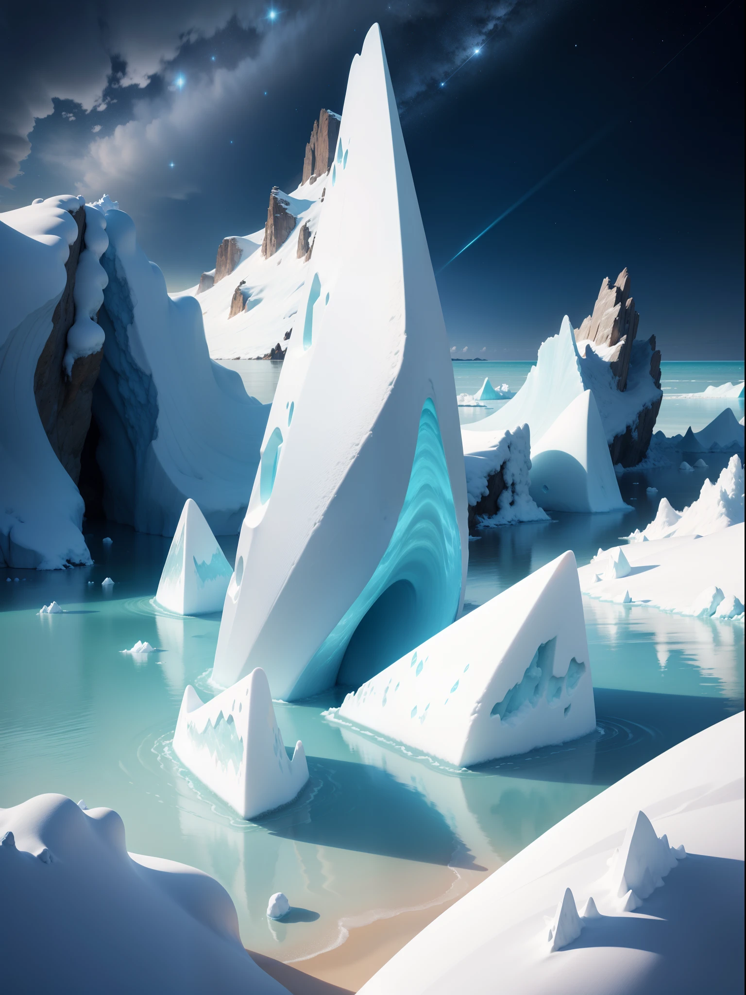 Clear sea,Several snow-white icebergs,A sky full of stars,k hd,detail-rich,