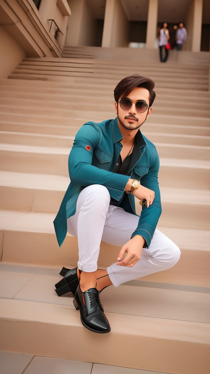 Chenge background  and stylish, full body very artistic pose, with with lovely look with sunglass