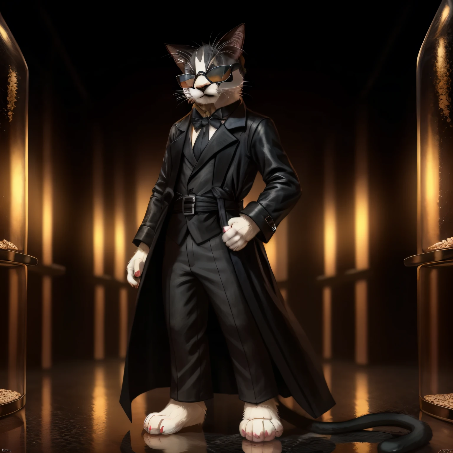 Leo, anthropomorphic, cat anatomy, standing upright, wearing solid black trench coat, black shirt, black_sunglasses:1.2, serious face, elegant black snakeskin designs on clothes, cute paws for hands, highly detailed, masterpiece, standing in a dark laboratory