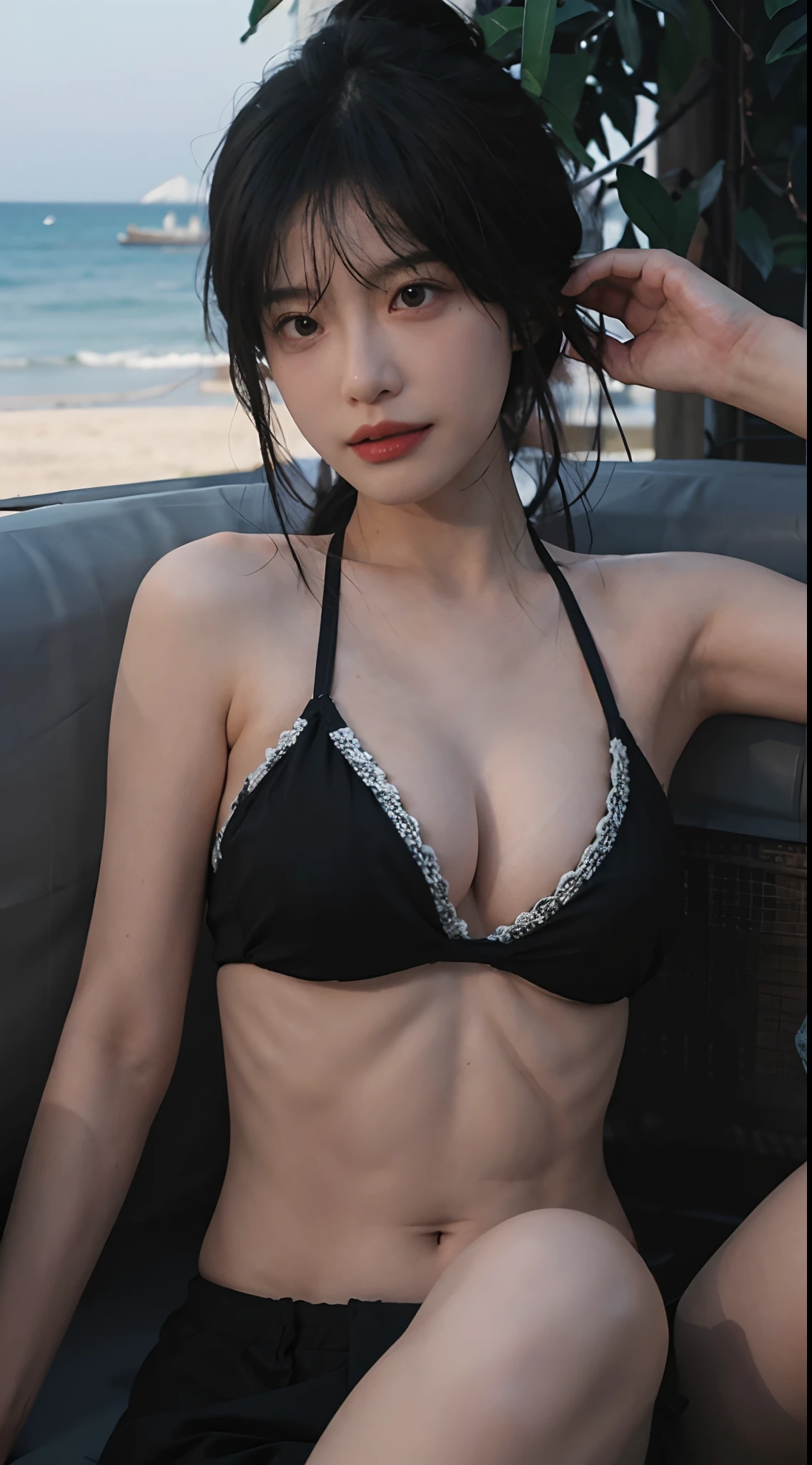 best qualtiy,tmasterpiece,超高分辨率,(realisticlying:1.4),1girll,sea beach,A pair of bright eyes,(realistic tattoo:1.4)Raised sexy,a sense of atmosphere,(Pronounced eight-pack abs:1.4),Cleavage is seductive,,(Black bra:1.4),(Sexy bikini:1.8),(Big big breasts:1.9),(The upper part of the body:1.4)