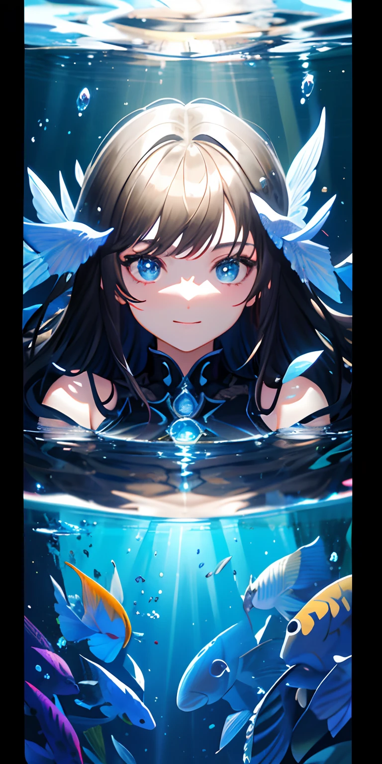 [(Transparent background:1.5)::5],(((Masterpiece))),(((Best quality))),(((Extremely detailed))),illustration, 3girl,Solo,mysterious,vivd colour,Shiny, Underwater transparent sealed hemispherical glass dome, (Black hair),(Blue eyes), full bodyesbian,Long hair is calm and natural, Koi,Underwater, Close up,Dynamic actions,Lens perspective,(((Box composition))),sitting cross-legged，Leaning against the bookshelf, voluminetric lighting, Detailed eyes, ultra - detailed,Light smile, Highly detailed, small detailed, Ultra detailed, Best quality, Intricate, 4K, 8K, trending on artstationh, Good ???????, Beautiful lighting, Award-winning,