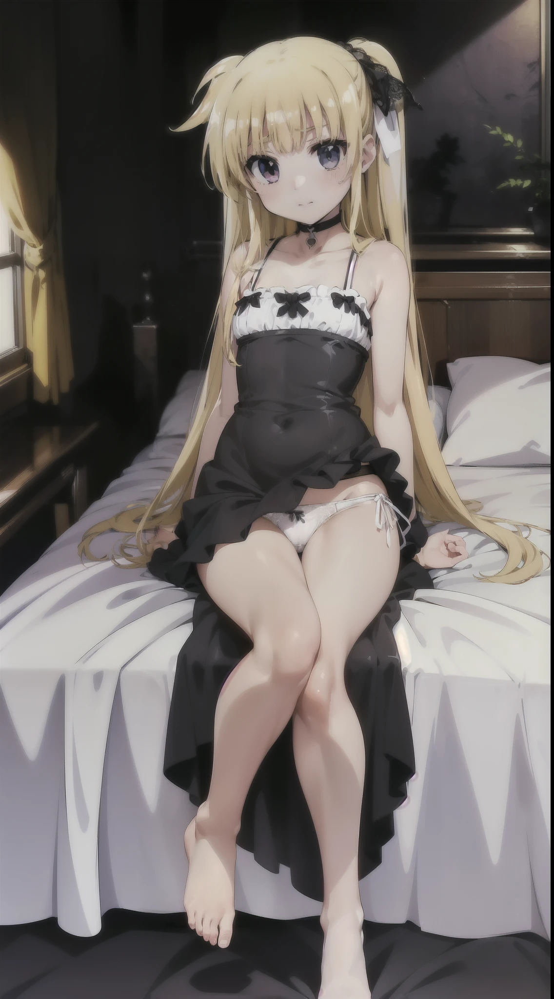 (((megami magazine))),(masterpiece)), ((top-quality)), (The ultra-detailliert), ((kawaii)), cute little, (Wonderful), ((ighly detailed)), 4K、 (8K), top-quality, (Beautiful fece),(((World-class quality))),(((blonde hair)))、 ighly detailed, hight resolution,、(((1人の女性)))、(((20yr old)))、(((Adult look))),((composition seen from below))、(((Looking down here))).Embarrassed expression、((rounded body))、((Plump)).(((On the red bed)))、((Detailed crotch)).((large udder))、((detailed thigh))、((perspiring))、((Drooping liquid))、(((Breast milk out of the))),(((open one's legs))).(((crouching down)))、(((Emphasis on the crotch)))、(((Crotch bite)))、(((White liquid between the breasts)))、(((Black Dress)))、(((White lace panties)))、((Putting out the chest))、(((Pretty small eyes))),((inside in room))、(((Yellowed dirty panties)))、A slight smil