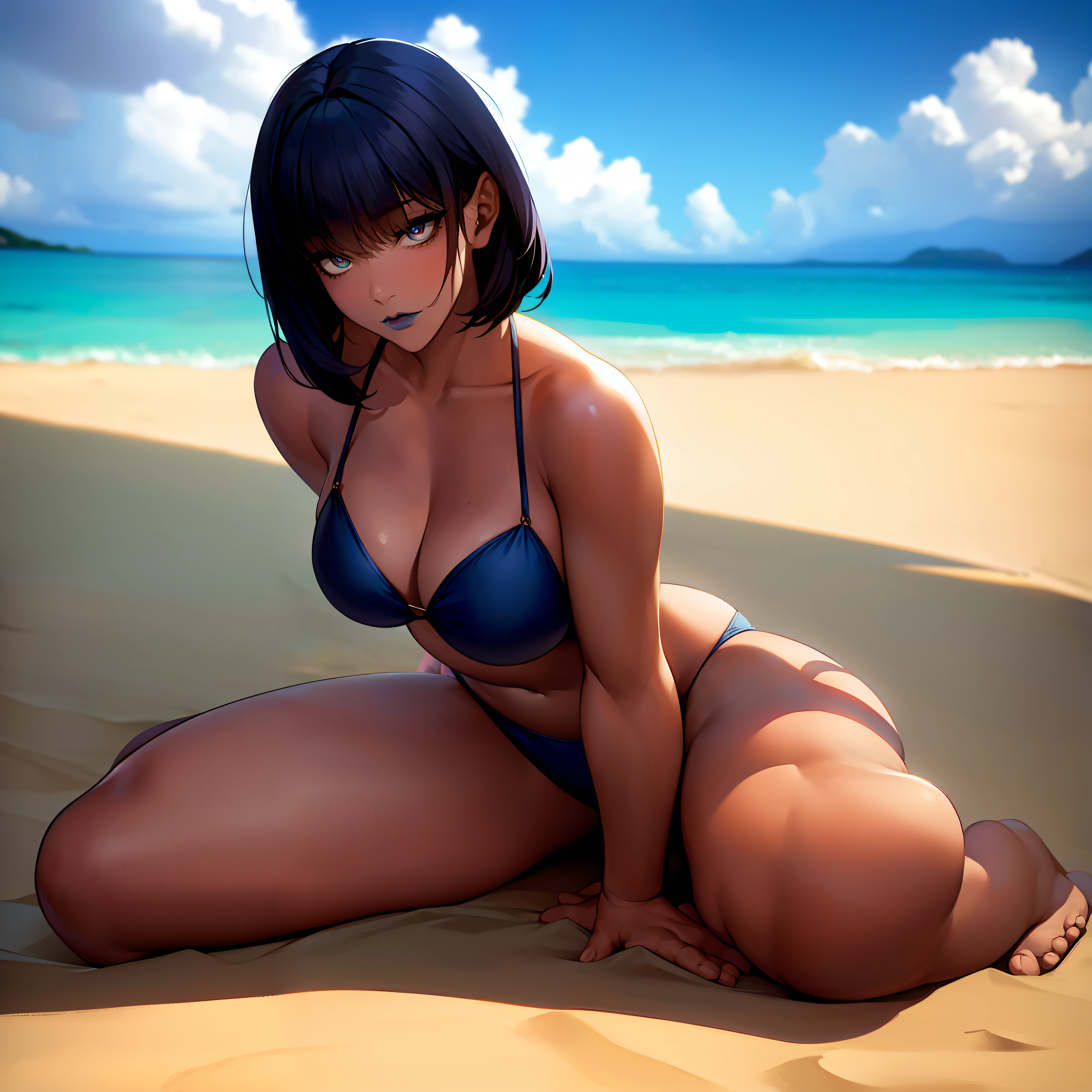 one-girl(A MILF),Short blue hair,Dark blue pupils,largeeyes,((Dark blue lips)),(Wearing a low-cut blue bikini),exquisite facial features, Royal sister face,(Bigchest(plumw)),(Sat down)On the sandy beach,Hold your hands on the ground,Look at the audience with an indifferent expression,Tilt your head 15 degrees to the left,Focus wide hips,Focus on full body display,The emphasis is on the front of the audience