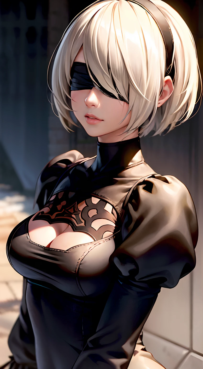 best quality, ultra high res, (photorealistic:1.4),realistic, 8k, ((yorha no. 2 type b nier (series), nier automata)), 1girl, desert, cute, detailed face, detailed textures,((black blindfold, covered eyes, hide eyes)), ((detailed hair, white short hair)), (leather, black dress,dress, long sleeves, puffy juliet sleeves) , (see-through cleavage cutout, clothing cutout, patterned), black hairband, feather-trimmed sleeves, white gloves black pattern, hairband, young, cleavage, fair skin