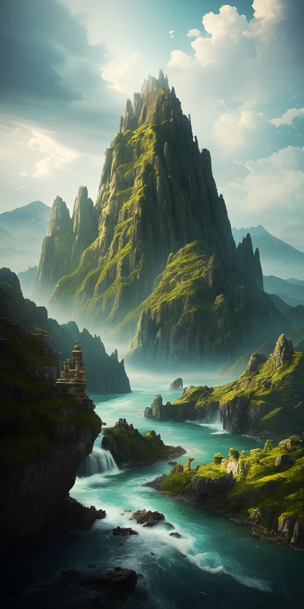 Masterpiece, best quality, high quality, extremely detailed CG unity 8k wallpaper, landscape, outdoor, sky, clouds, sky, no humans, mountain, landscape, water, tree, blue sky, waterfall, cliff, nature, lake, river , cloudy skies, award winning photography, bokeh, depth of field, HDR, bloom, chromatic aberration, photorealism, very detailed, trending on artstation, trending on CGsociety, intricate, high detail, dramatic, half way art