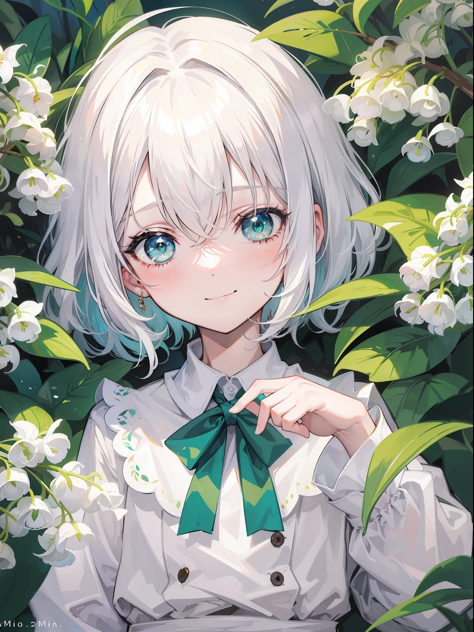 1 ，with short white hair，Green eyes，long eyelasher，Face portrait，adorable smile，Lily of the valley