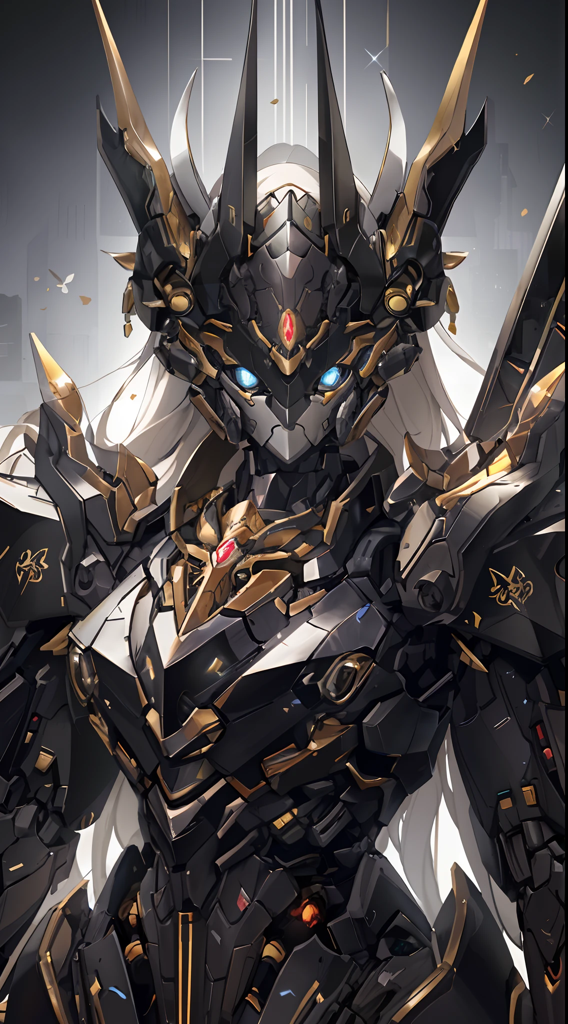 Close-up of a robot holding a sword and armor,A golden paladin and an intricate Assasin mech mecha girl in the intricate anime CGI style from Night of the Ark
