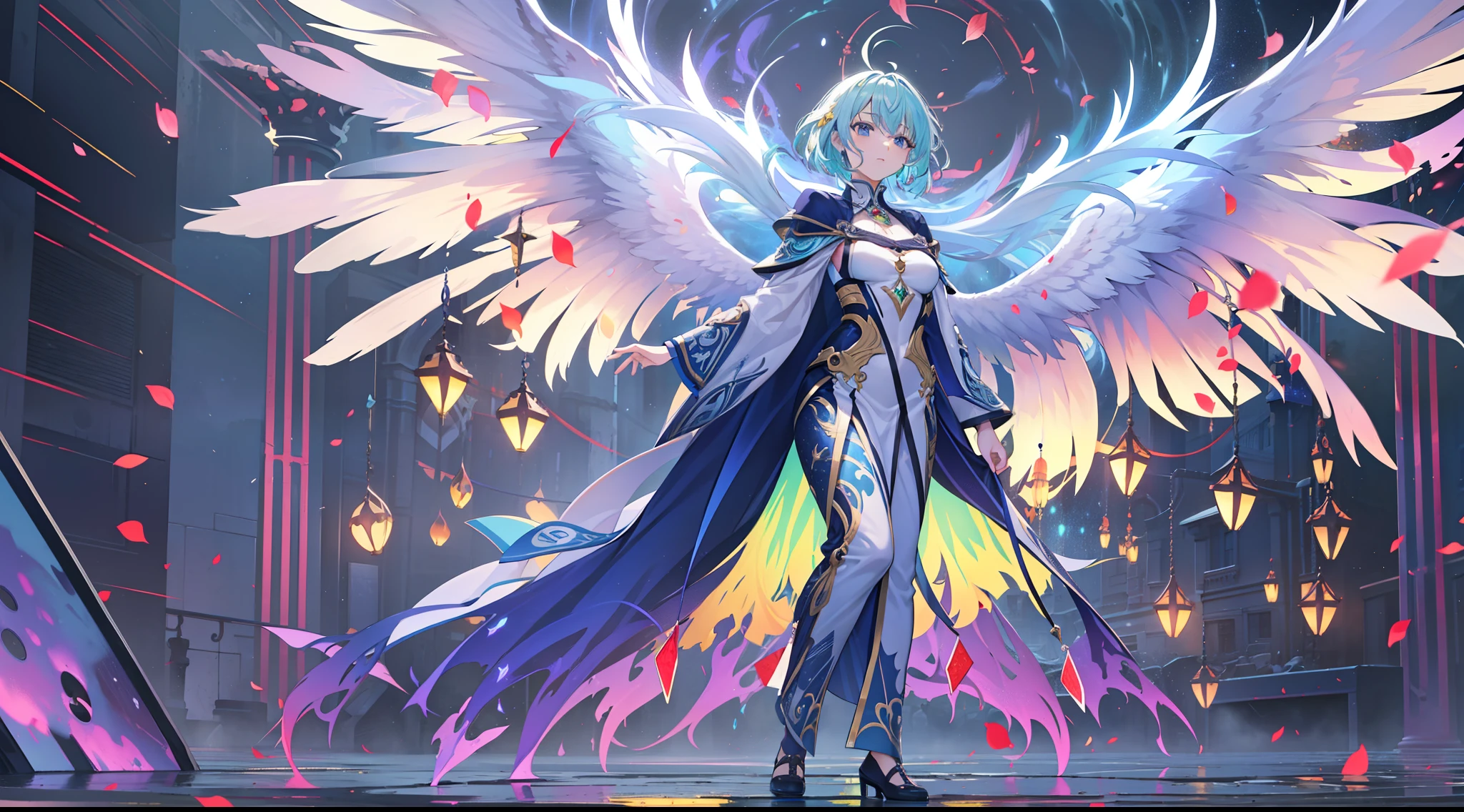 (extremely detailed CG unity 8k wallpaper,Masterpiece, Best Quality, Ultra-detailed),(extreamly delicate and beautiful),(Floating),(mysterious),(blue eyes),(Silver hair),(redhead hair),(purple hair),(yellow hair),(green hair),Kim 5 Plus, angel wings, nimbus, trembling souls, Breathtaking background, The effect of presence, Particles of magic, 3D effect, SGI,