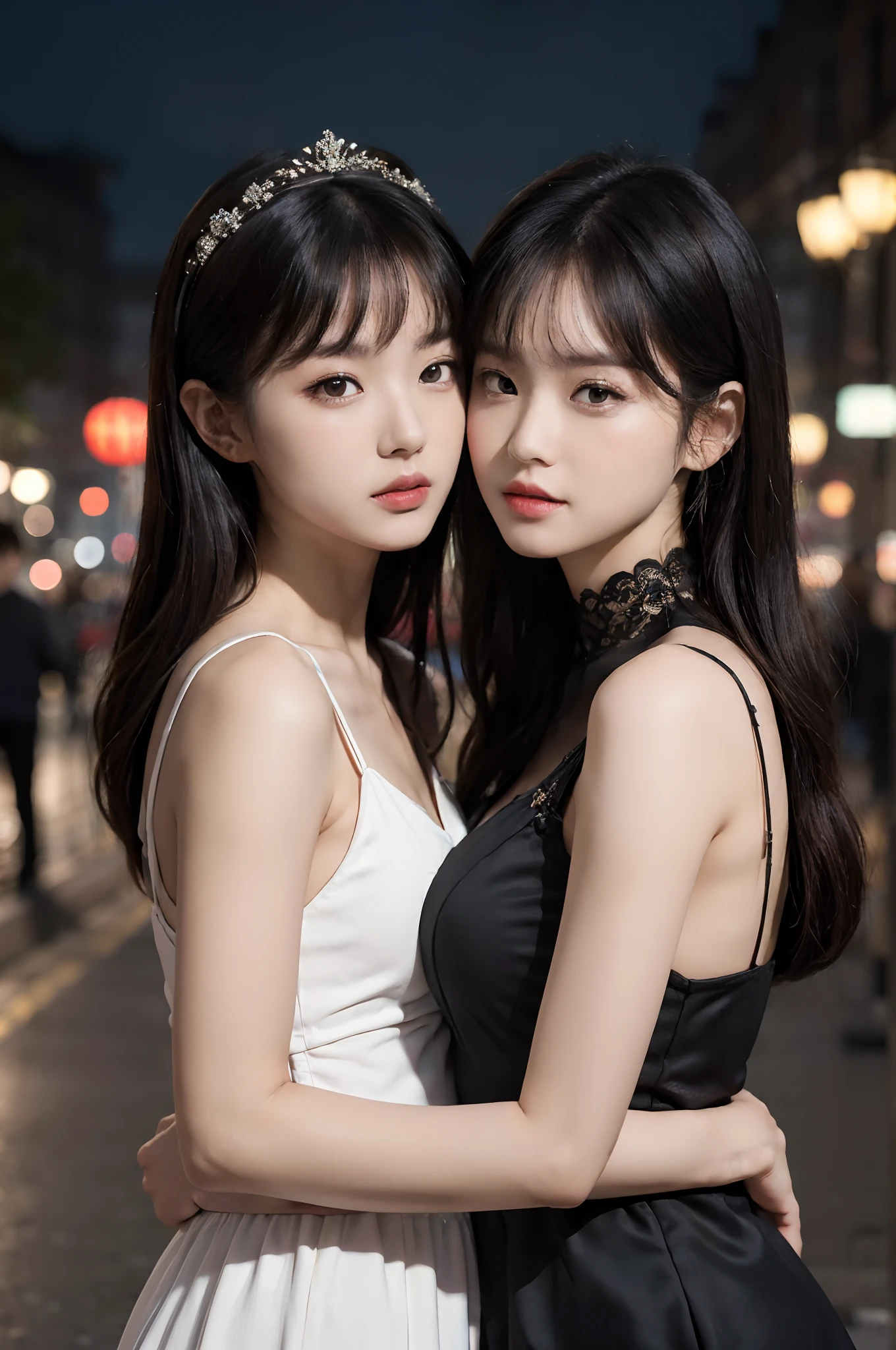 (Two Chinese stars with the style of royal sisters,duo,caressing the,Kissing), ((Best quality, 8K, Masterpiece: 1.3)), Focus: 1.2, Perfect body beauty: 1.4 , (funny expression), (Night Street: 1.3), Highly detailed face and skin texture, Fine eyes, Double eyelids, Whitens the skin, (Air bangs: 1.3), (face round: 1.5), (Thin strap top: 1.4),