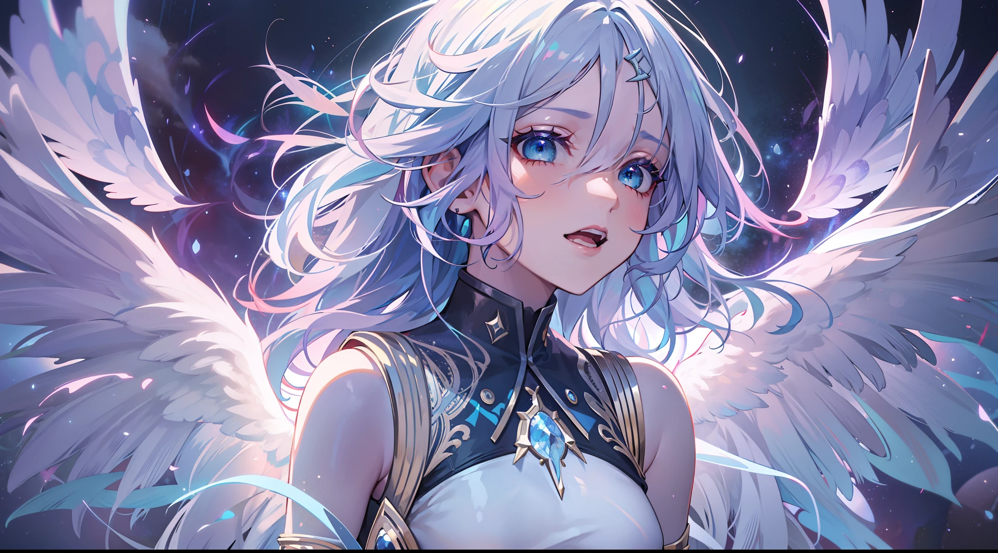 (extremely detailed CG unity 8k wallpaper,Masterpiece, Best Quality, Ultra-detailed),(extreamly delicate and beautiful),(Floating),(mysterious),(blue eyes),(Silver hair),(redhead hair),(purple hair),(yellow hair),(green hair),Kim 5 Plus, angel wings, nimbus, trembling souls, Breathtaking background, The effect of presence, Particles of magic, 3D effect, SGI,