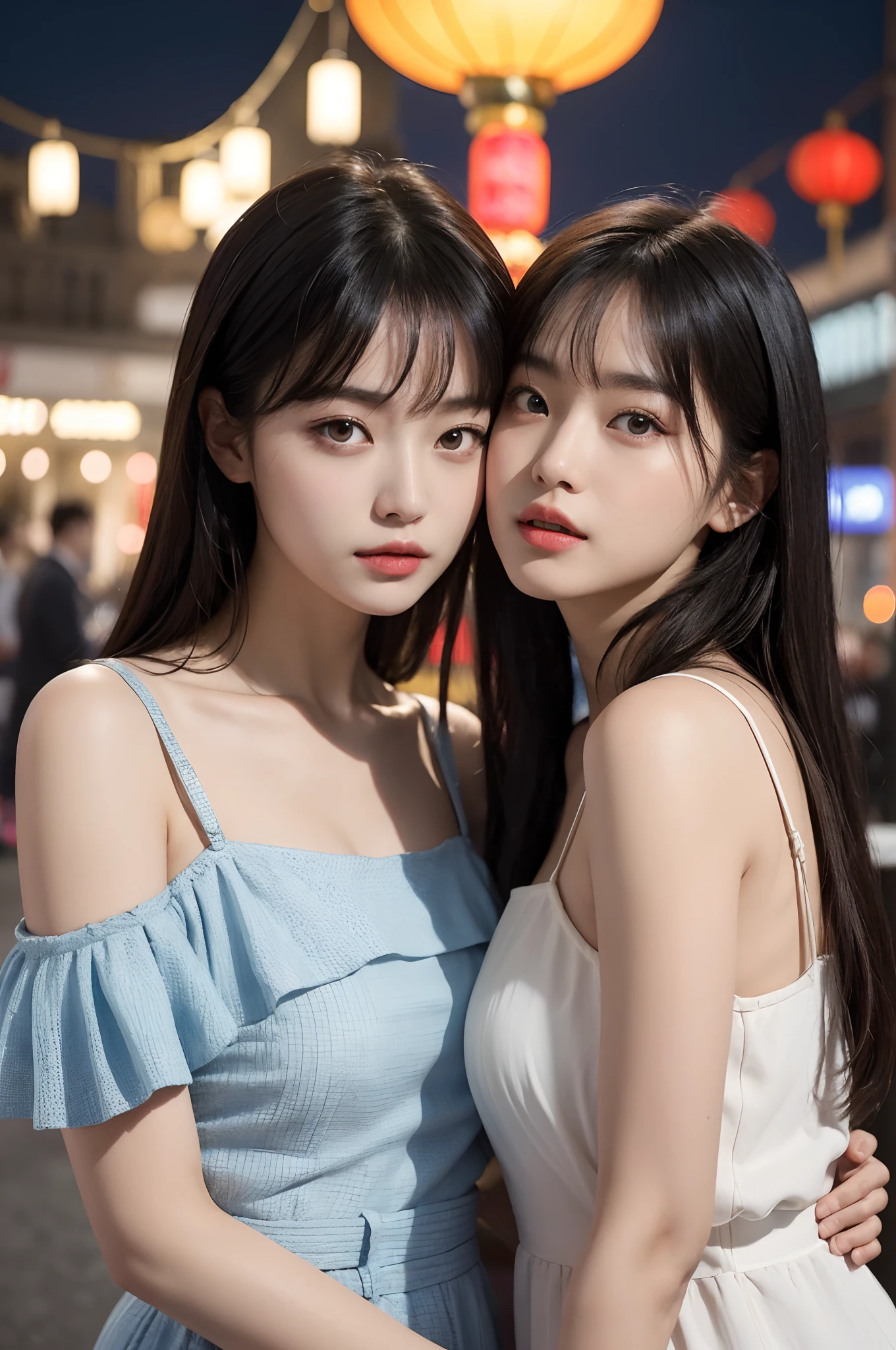 (Two Chinese stars with the style of royal sisters,duo,caressing the,Kissing), ((Best quality, 8K, Masterpiece: 1.3)), Focus: 1.2, Perfect body beauty: 1.4 , (funny expression), (Night Street: 1.3), Highly detailed face and skin texture, Fine eyes, Double eyelids, Whitens the skin, (Air bangs: 1.3), (face round: 1.5), (Thin strap top: 1.4),