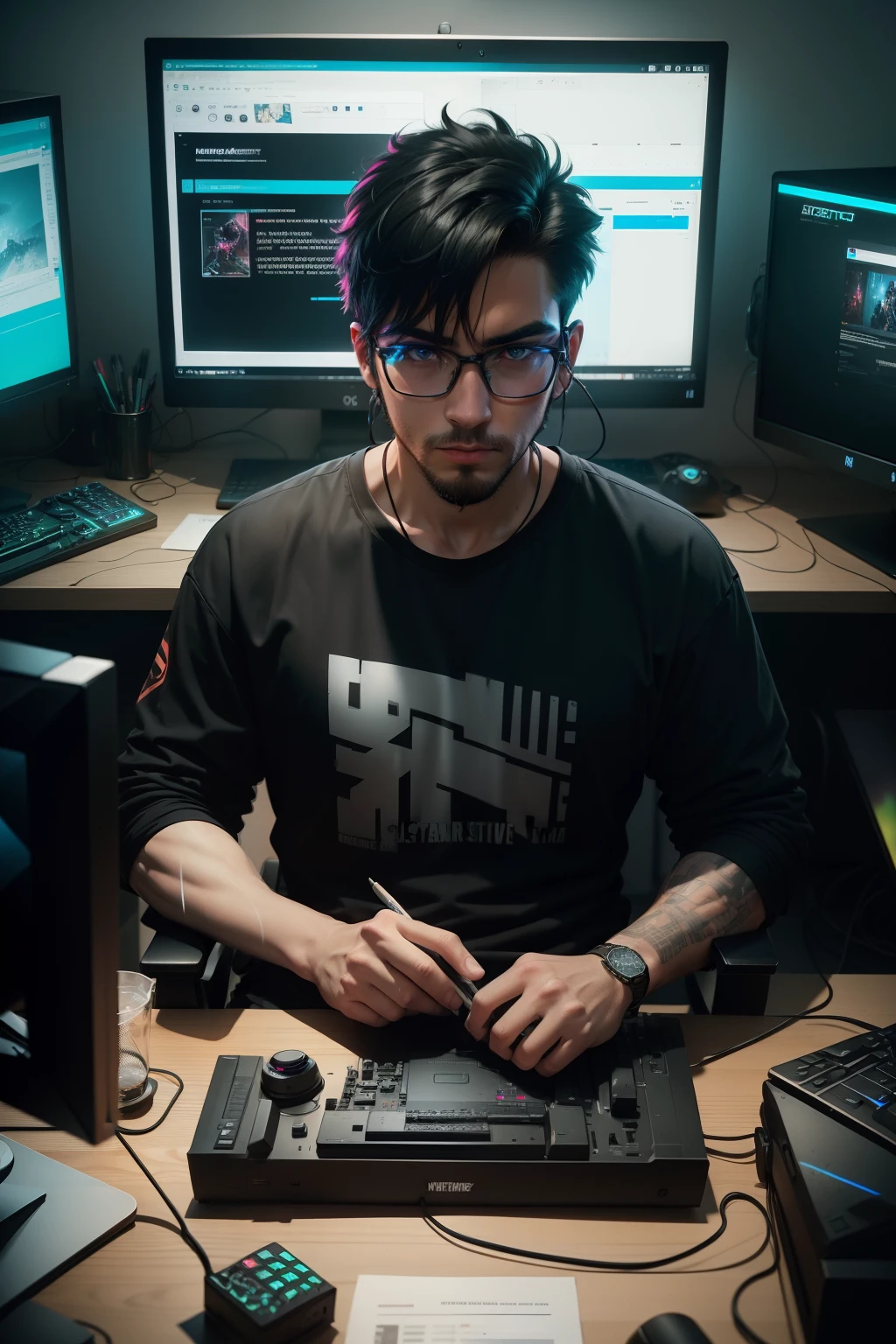 man gamer , with his full streaming setup , use neon syberpunk color , heavy strokes , editor cinematic, black all tshirt, black hair,editing in front of a computer with two monitors, beckground full white and youtube logo, central view