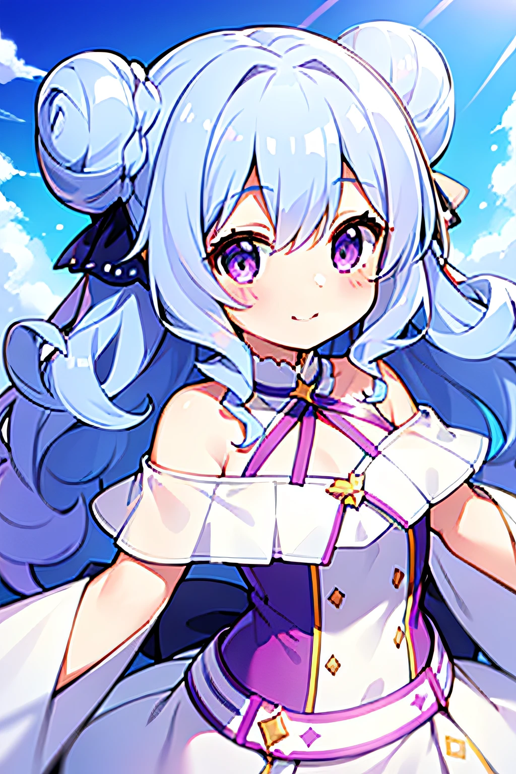 1girl, young girl, solo, blush, light blue hair, ((curly hair)), very long hair, double bun hair, purple eyes, ((a flat chest)), ((no chest)), white short cape, purple skirt, with butterflies, blue sky, clear sky, smiling, ((detail face)), 8k, super detail, masterpiece, high quality, high resolution, high detail, high face detail, HD quality, low school student