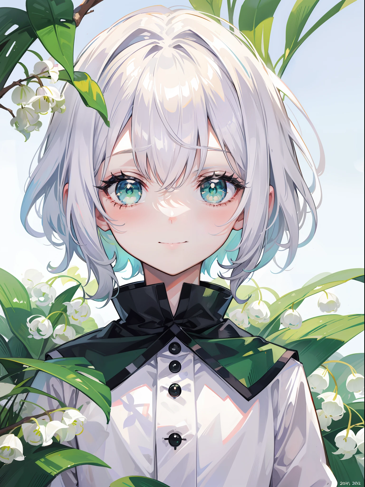 1 little boy,with short white hair,Green eyes,long eyelasher,Face portrait,adorable smile,Lily of the valley