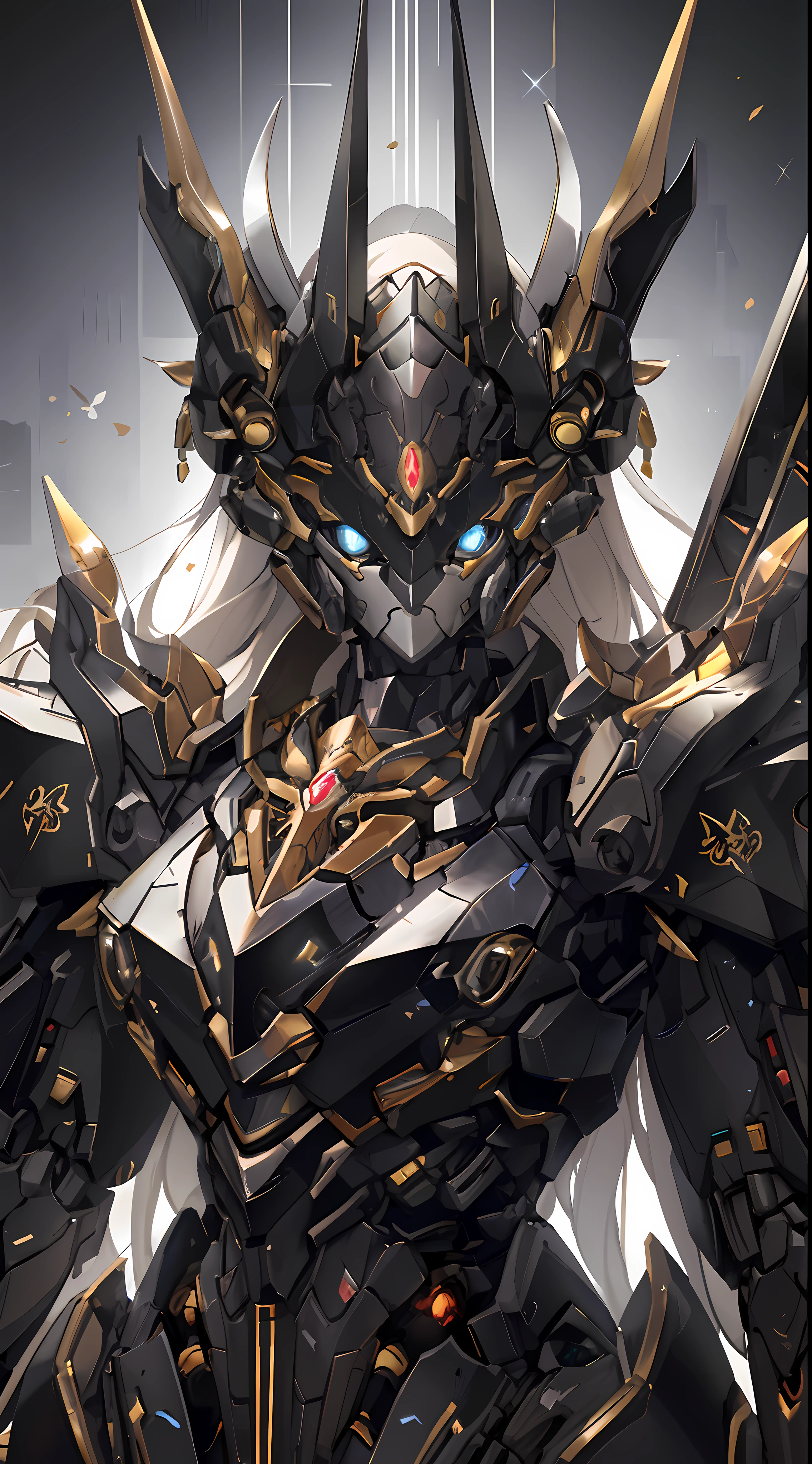 Close-up of a robot holding a sword and armor,A golden paladin and an intricate Assasin mech mecha girl in the intricate anime CGI style from Night of the Ark