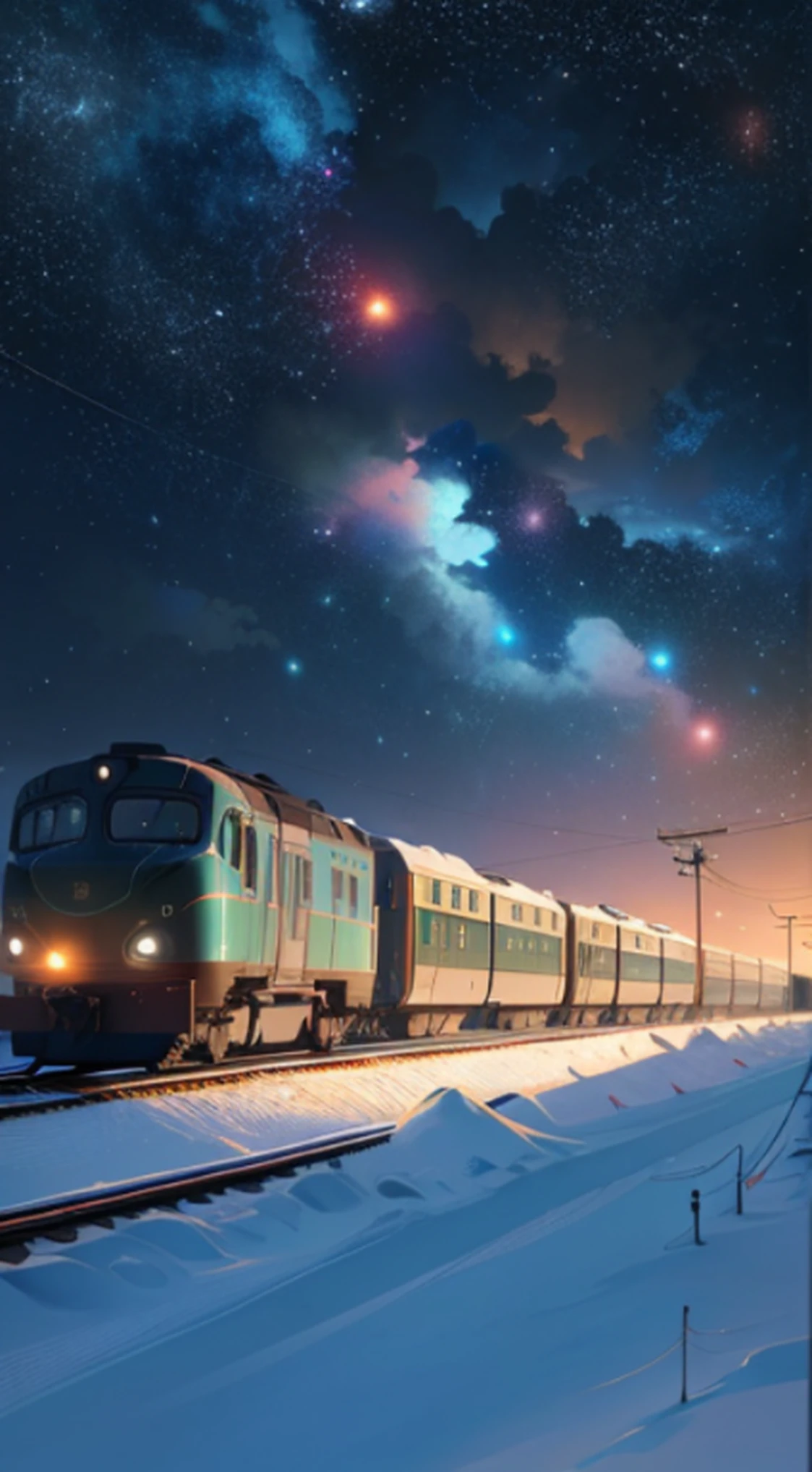 There is a train running along the tracks in the snow,Makoto Shinkai's concept art,tumblr,magic realism,beautiful anime scenes,Cosmos Sky。 by makoto shinkai, ( ( makoto shinkai ) ), Anime background art, anime backgrounds, Makoto Shinkai's style, anime movie backgrounds, the milky way express,There were 3 to 5 people standing next to the track。