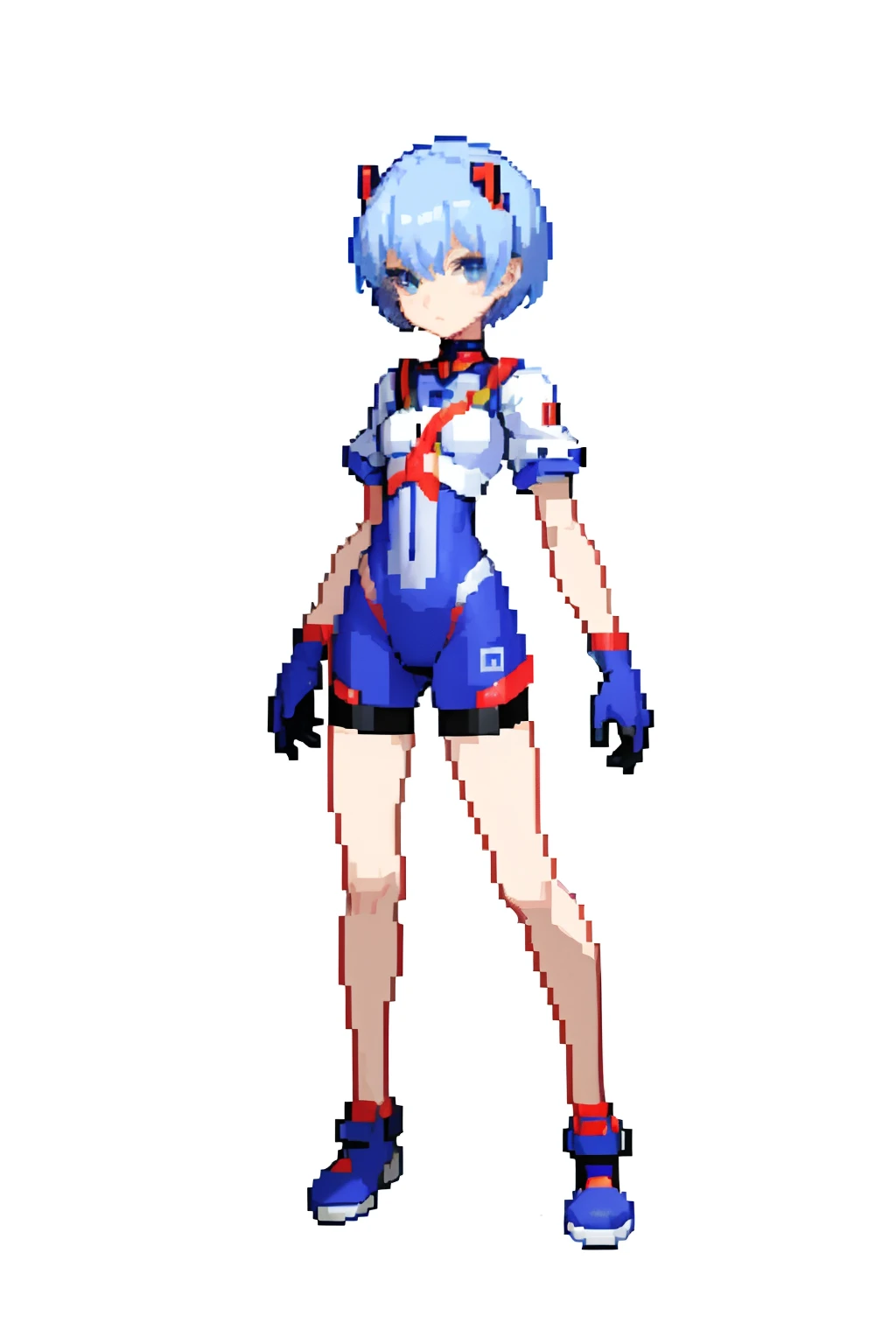 masterpiece, top quality, best quality), pixel,pixel art, 1 girl, Shin Seiki Evangelion style, fullbody,
Ayanami Rei, blue short hair, https://static.wikia.nocookie.net/evangelion/images/9/9a/Rei_Ayanami_%28Plugsuit%29.png/revision/latest?cb=20120526214614