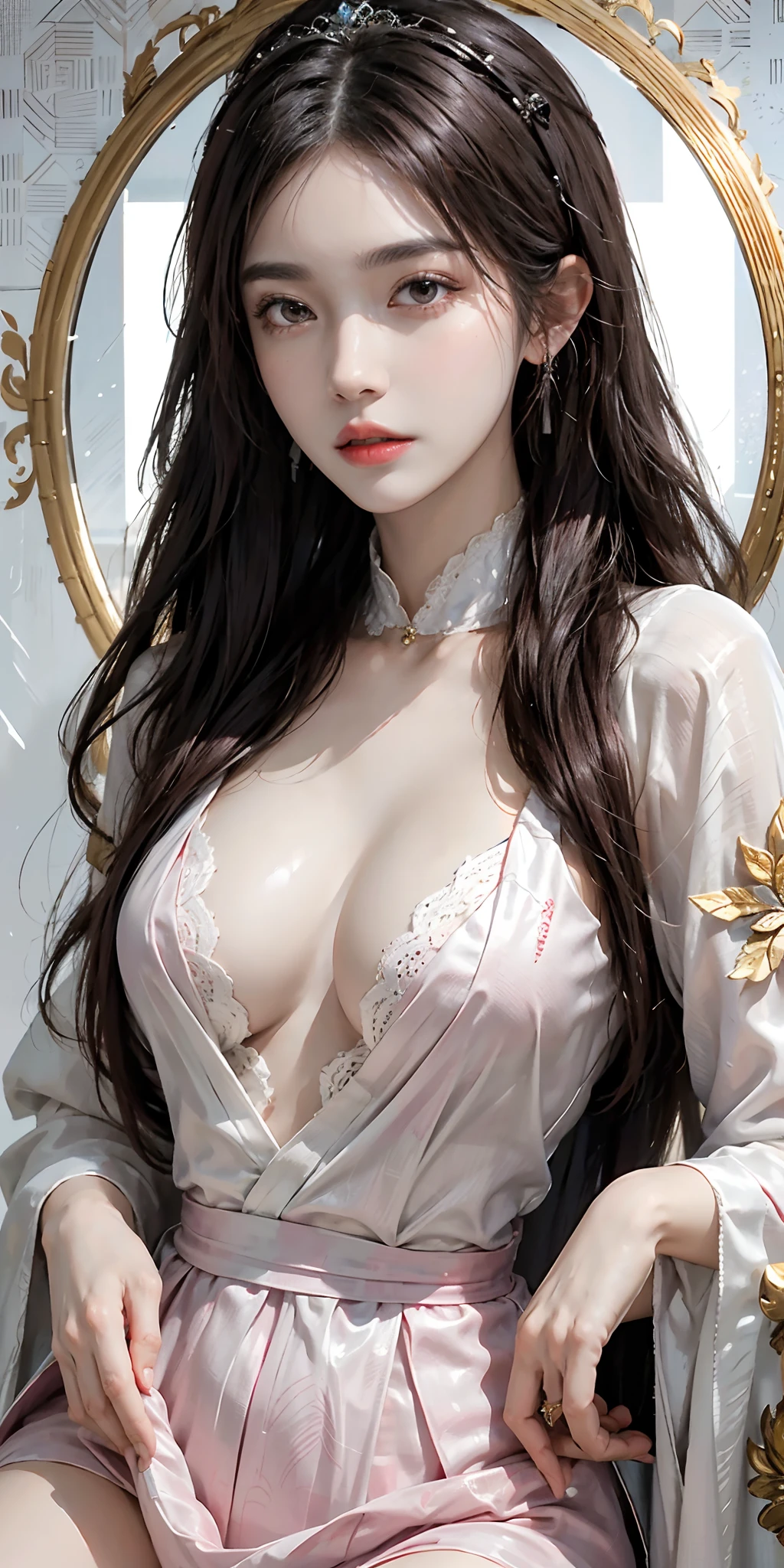 1 adult empress wearing a red lace top, deep-breasted nightgown, Chinese-style clothes, ancient costumes with many phoenix patterns, flawless pink and white face, crowned head, hip-length black hair , very beautiful and sharp brown eyes, small red lips, painted lips, closed mouth, jewelry worn around the neck, earrings, white and even teeth, high nose, big round breasts, the girl's body is covered with water on chest, long legs, thin mesh black socks, portrait, most realistic, highest quality, best pixels, 8k ultra , (clear super big moon background: 1.8)