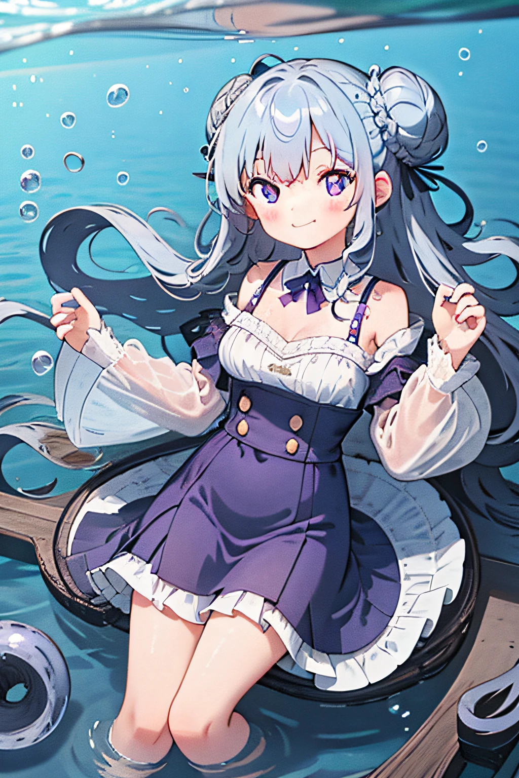 masterpiece, best quality, 1girl, solo, long_hair, looking_at_viewer, sky blue hair, curly hair, double bun hair, purple eyes, smile, closed_mouth, in the sea, in the water, blue and white, bubbles, jellyfishes, dutch angle