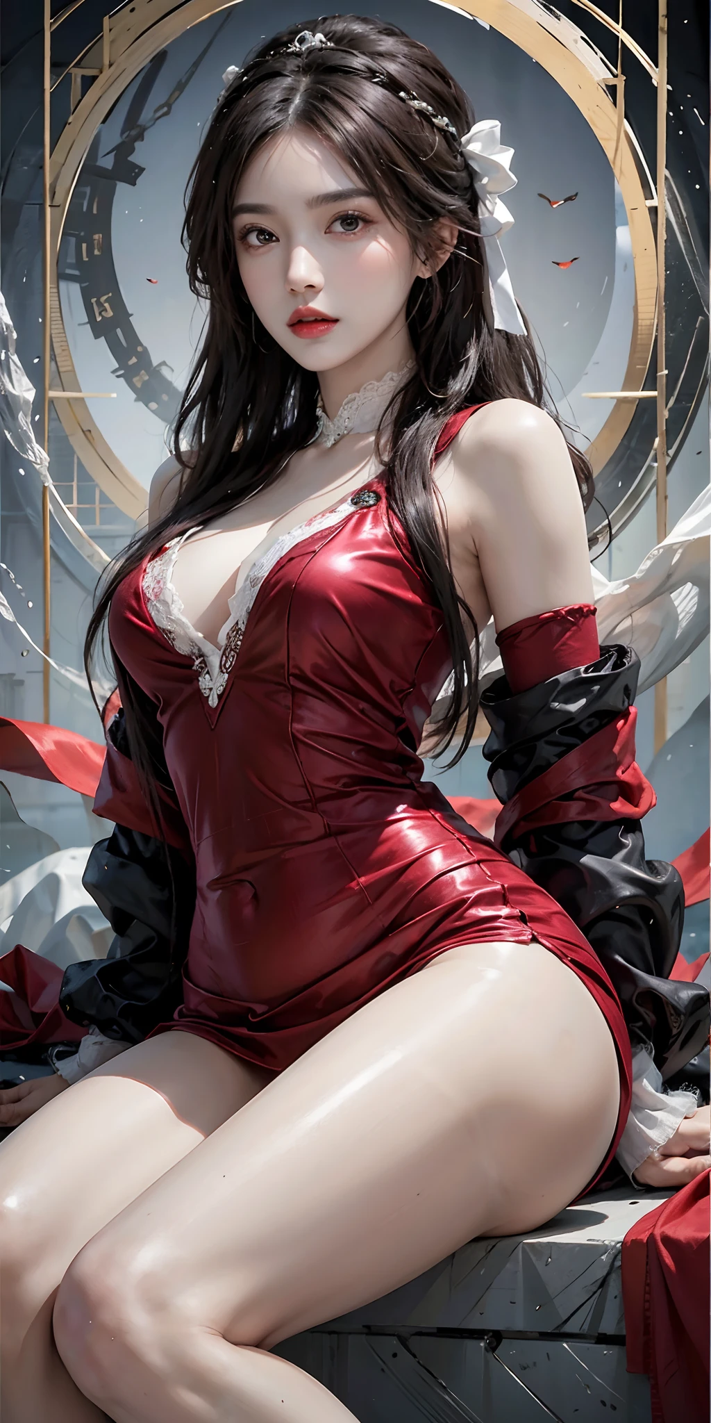 1 adult empress wearing a red lace top, deep-breasted nightgown, Chinese-style clothes, ancient costumes with many phoenix patterns, flawless pink and white face, crowned head, hip-length black hair , very beautiful and sharp brown eyes, small red lips, painted lips, closed mouth, jewelry worn around the neck, earrings, white and even teeth, high nose, big round breasts, the girl's body is covered with water on chest, long legs, thin mesh black socks, portrait, most realistic, highest quality, best pixels, 8k ultra , (clear super big moon background: 1.8)