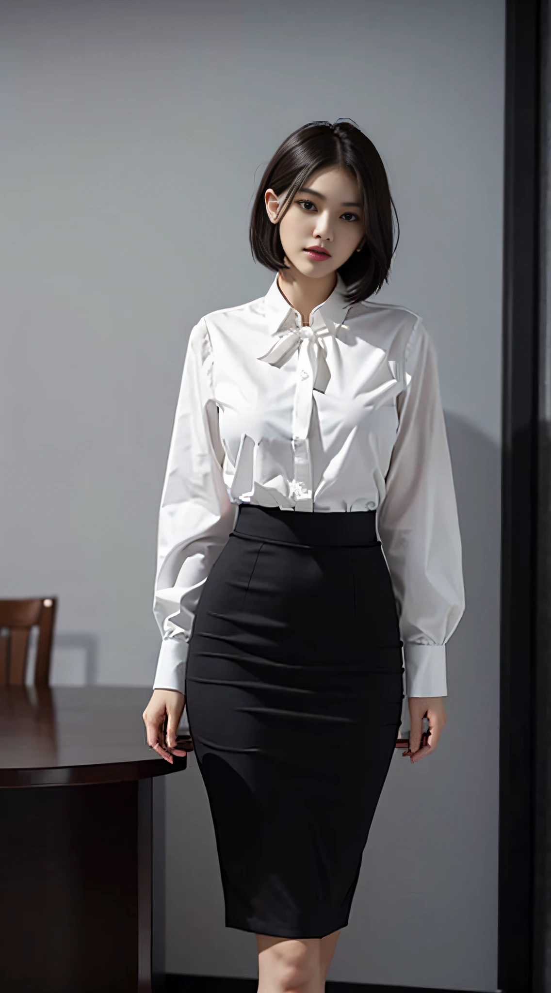 Beautiful female secretary、Business Wear、White blouses、Black tight skirt、slim figure、Oversized bust、Slim Girl Model、24歳の女性モデル、long legged、Alone in a conference room、Short hair,