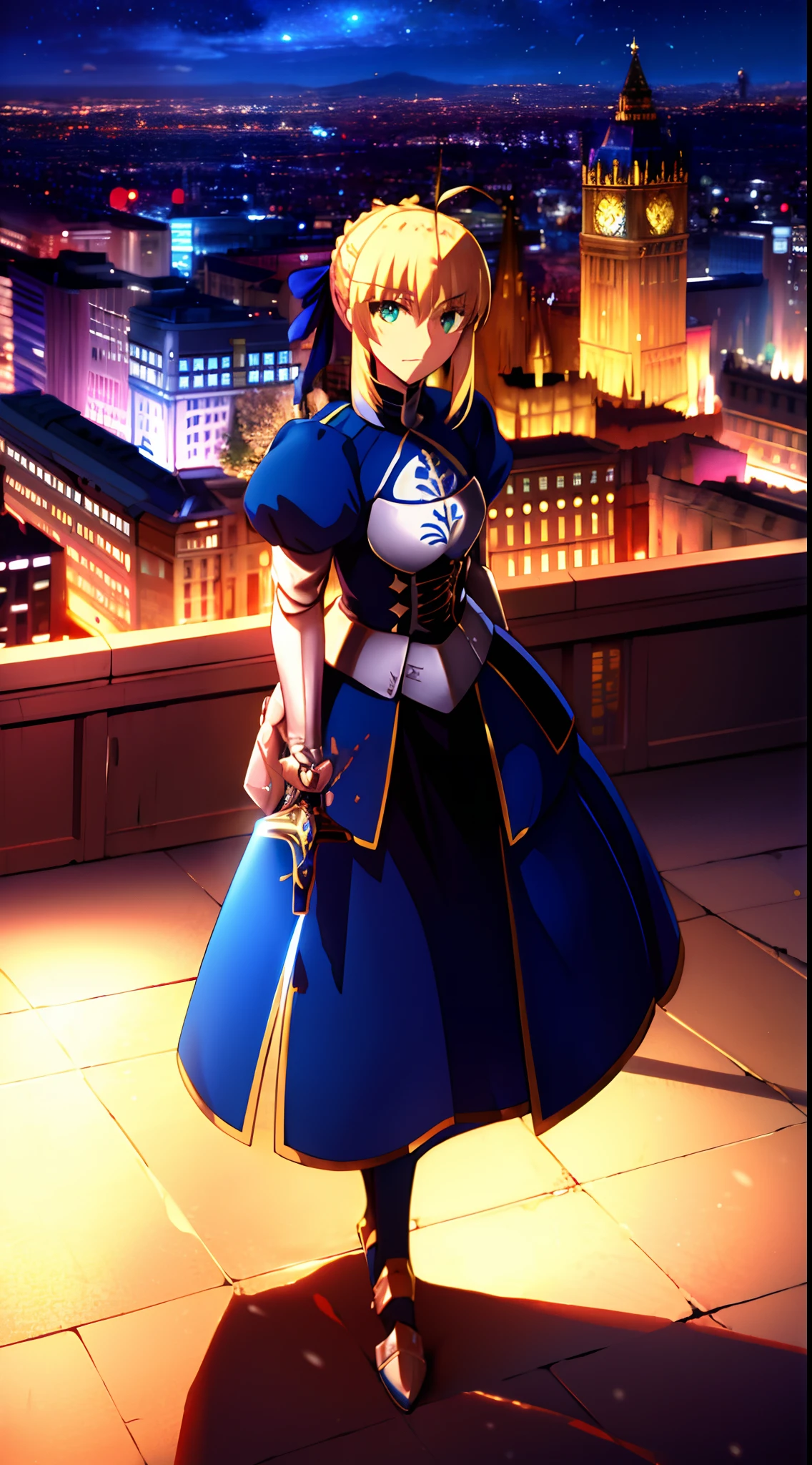 (masterpiece:1.4), (best quality:1.4), 1girl, solo,
(artoria pendragon \(fate\):1.2), saber, blonde hair, ahoge, green eyes, ribbon, armored dress, hair ribbon, dress,
looking at viewer, upper body, 
city, cityscape, sky, night