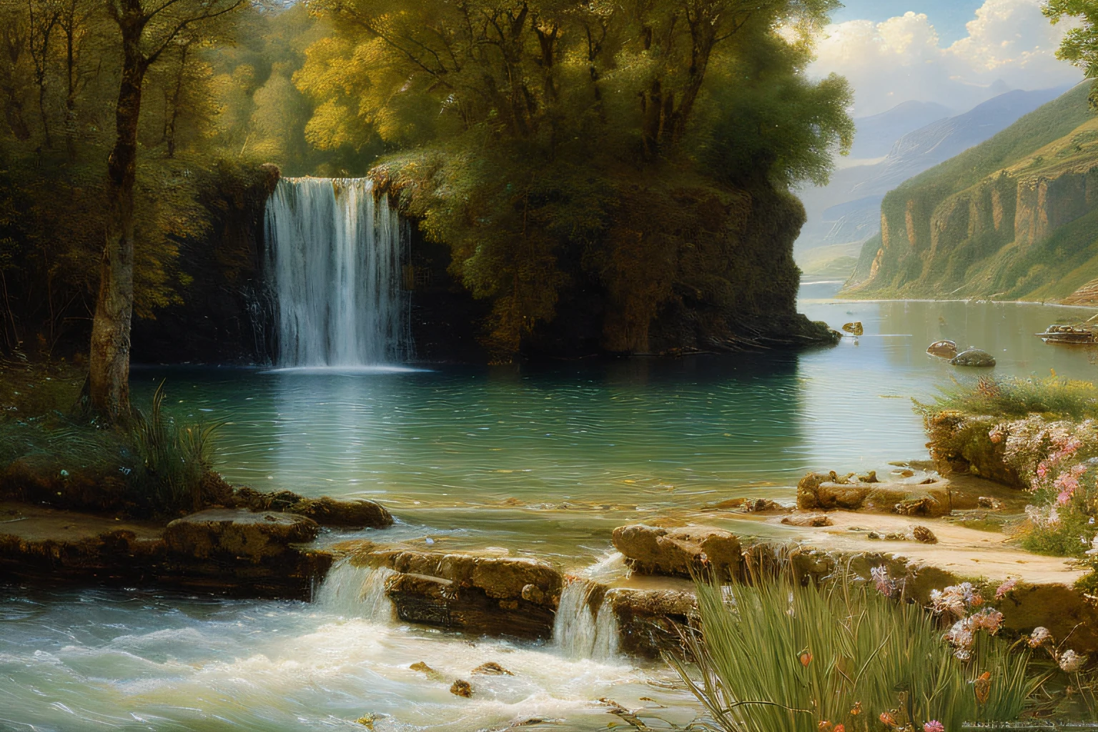 landscape, water, (extremely detailed CG 8k unit wallpaper), world's finest artwork, professional majestic oil painting, complex, high detail, sharp focus, dramatic, photorealistic painting art, alma tadema style