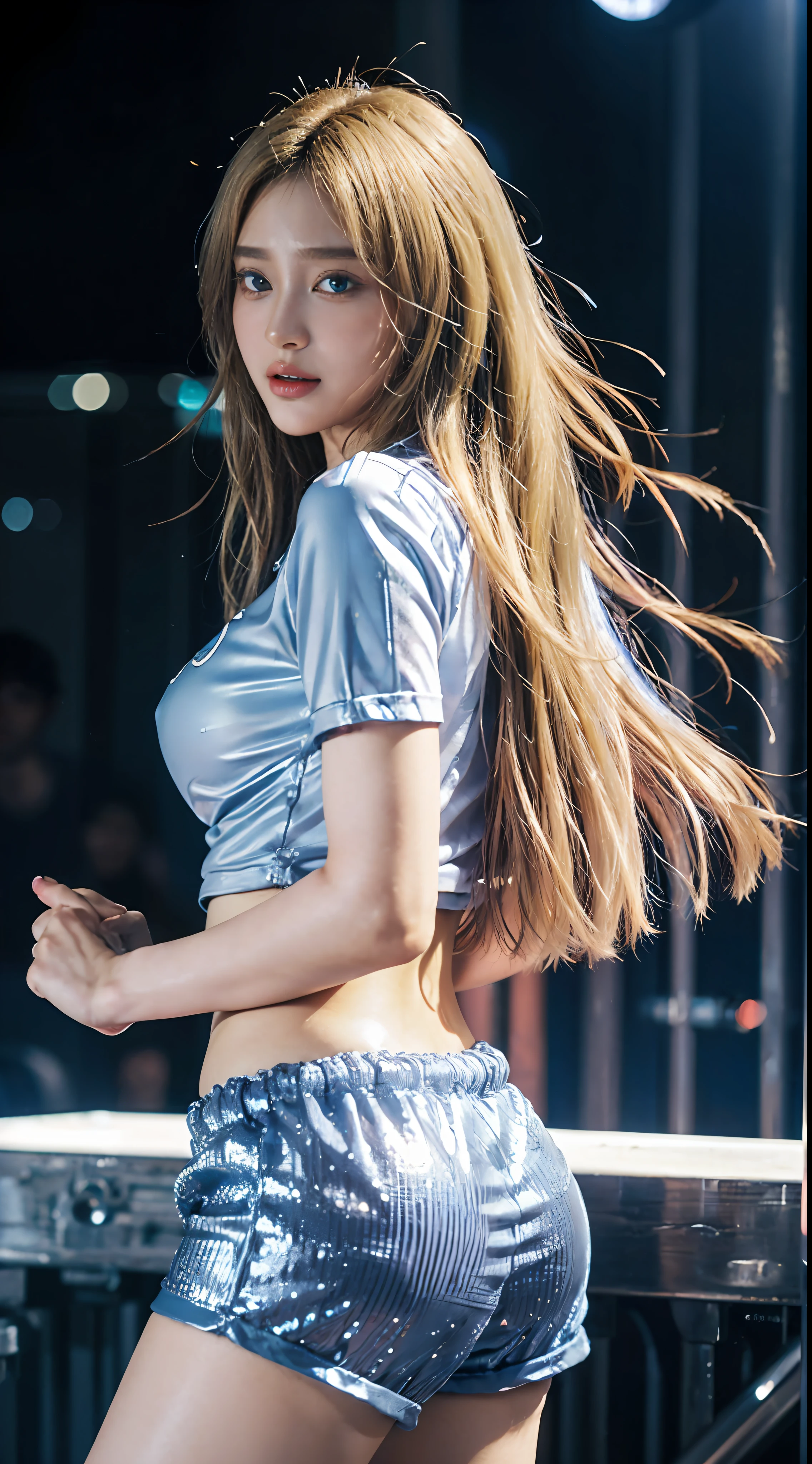 1Girl, (Blue Eyes), Laughter, ((In the name of Minaj)), Wide Buttocks, large full breasts, big size ass, (Best Quality, 8K, Masterpiece: 1.3), Clear Focus: 1.2, Perfect Body Beauty : 1.4, Slim Abs: 1.2, Highly detailed face and skin texture, Detailed Eyes, Double eyelids, (with long blond hair), (Shirt and sequined shorts), k-pop, idol, (Singing and dancing), (on a stage), At a concert