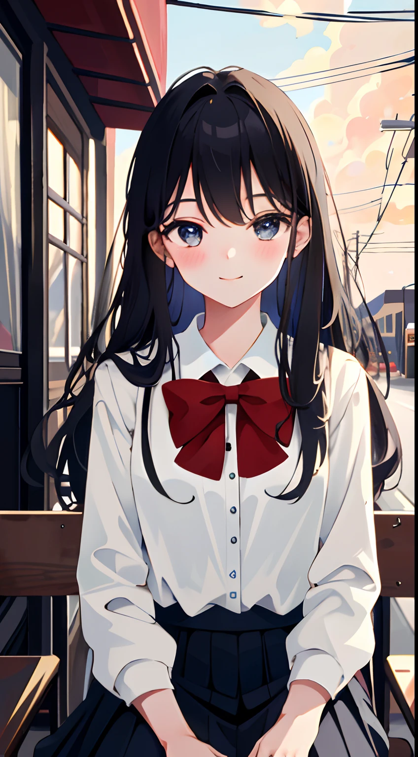 8K, Best Quality, Masterpiece: 1.2) , Super Detail, 1 Girl, Cute, Indie, Beautiful Details Sky, Detail Cafe, Evening, Sit Down, Dating, (Nose Red) , Sweet Smile, (Smile: 1.15) , (Shut Up) Small Tits, Small Beautiful Detail Eyes , Night, Wet, School Uniform, Long Hair, Flowing Hair,