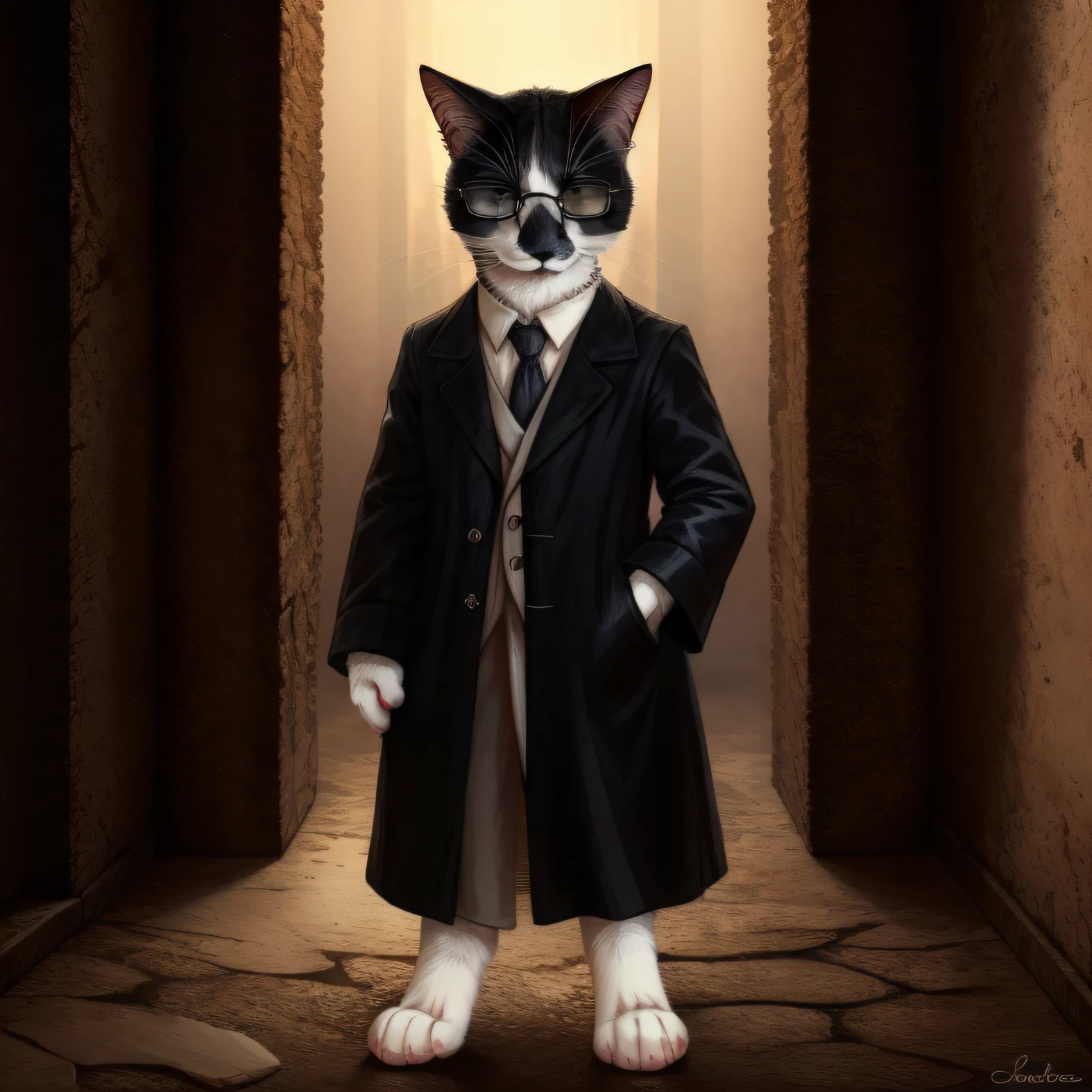 Leo, anthropomorphic black and white cat, cat anatomy, standing upright, wearing solid plain black trench coat, plain black shirt, black_sunglasses:1.2, serious face,  elegant black snakeskin designs on clothes, cute paws for hands, highly detailed, masterpiece, standing in a dark creepy building