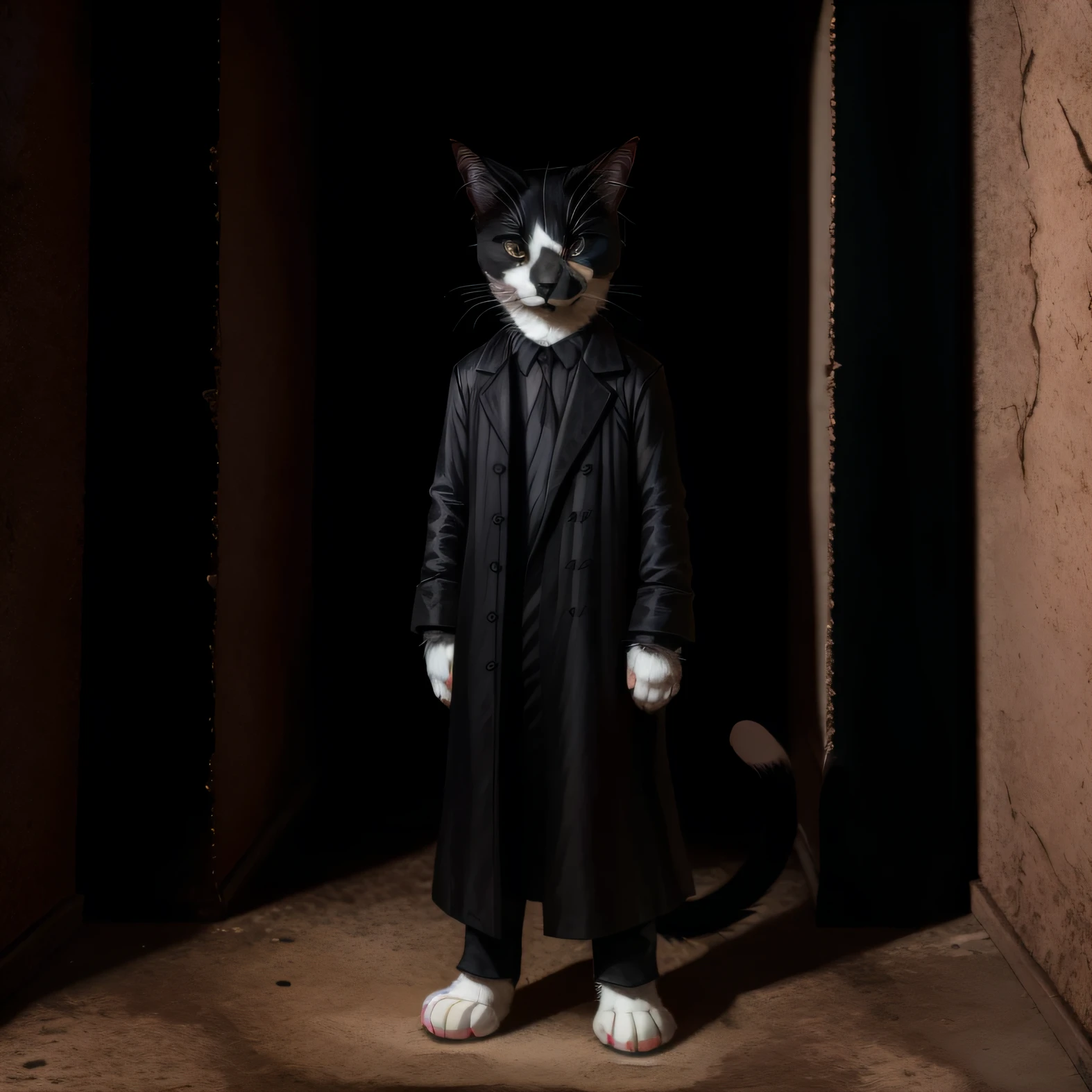 Leo, anthropomorphic black and white cat, cat anatomy, standing upright, wearing solid plain black trench coat, plain black shirt, black_sunglasses:1.2, serious face,  elegant black snakeskin designs on clothes, cute paws for hands, highly detailed, masterpiece, standing in a dark creepy building