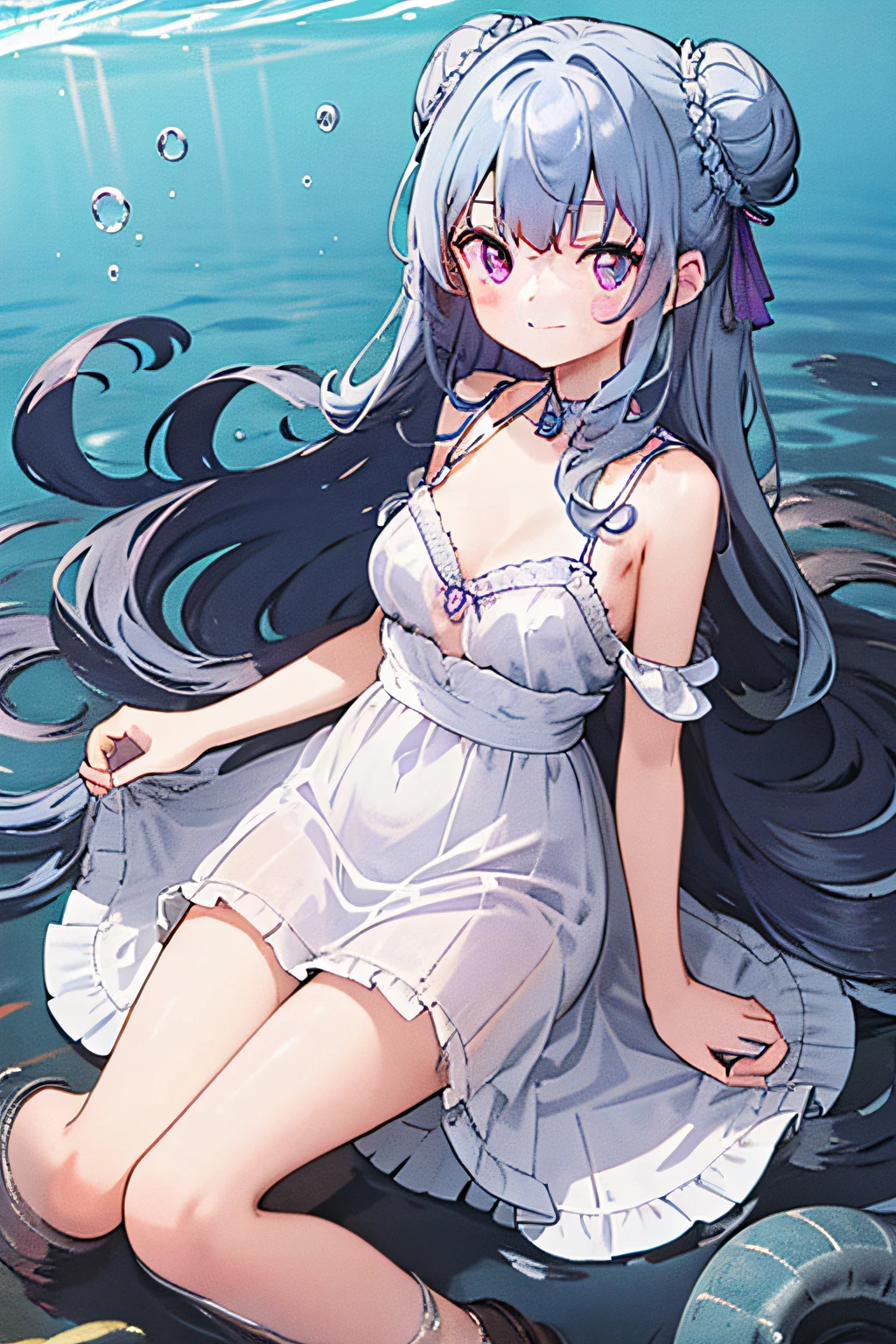 masterpiece, best quality, 1girl, solo, long_hair, looking_at_viewer, ((sky blue hair)), curly hair, double bun hair, ((purple eyes)), smile, closed mouth, dress, white dress, in the sea, in the water, under the sea, under water, blue and white, bubbles, jellyfishes, dutch angle, bright, clear, (((flat breasts))), (((small breasts))), no reflect, elementary school student